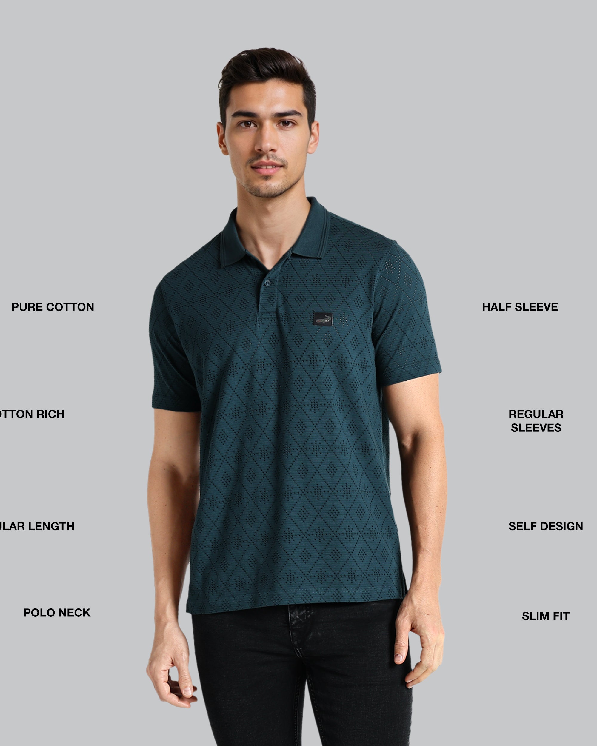 Man wearing a green patterned polo shirt with text describing features on a gray background