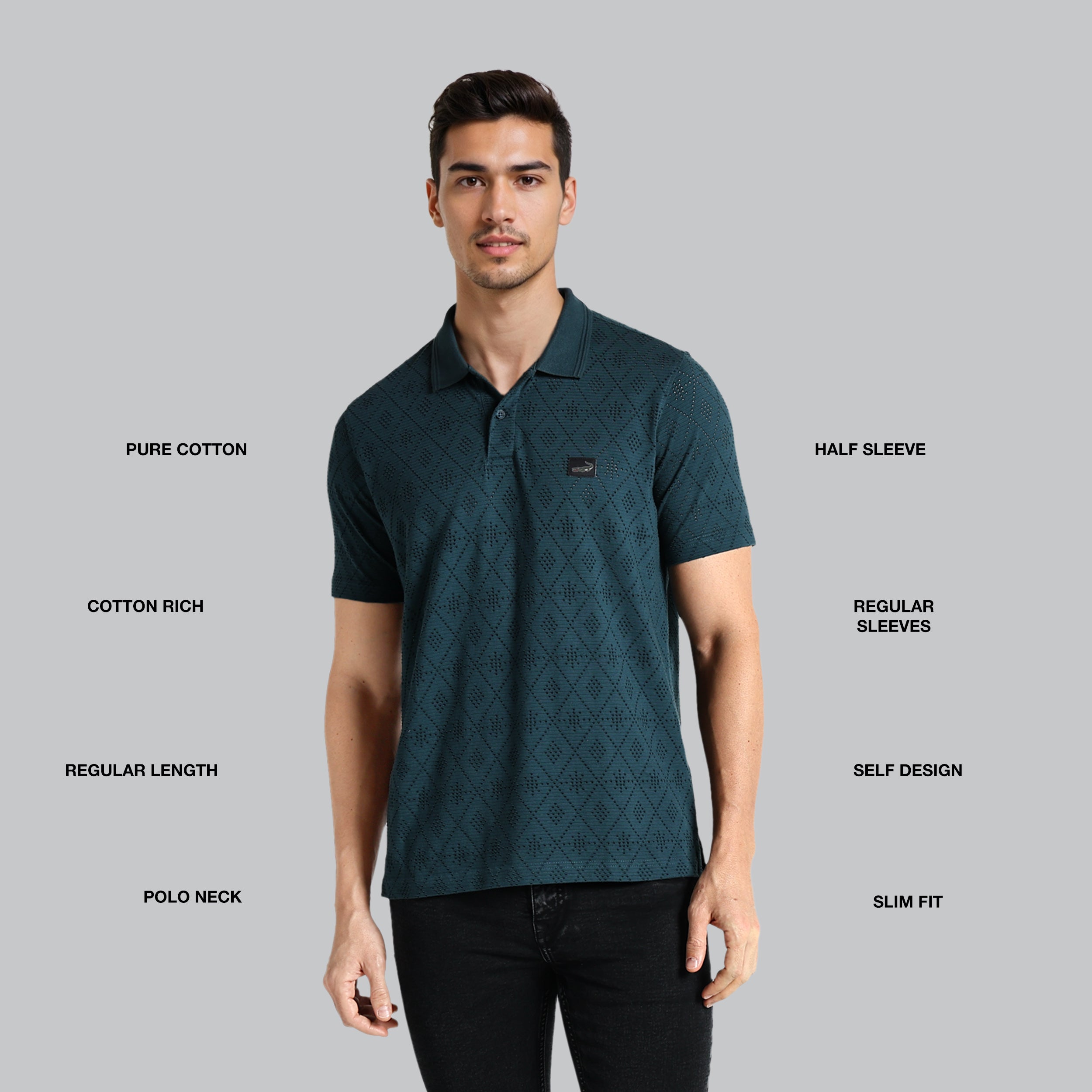 Man wearing a green patterned polo shirt with text describing features on a gray background