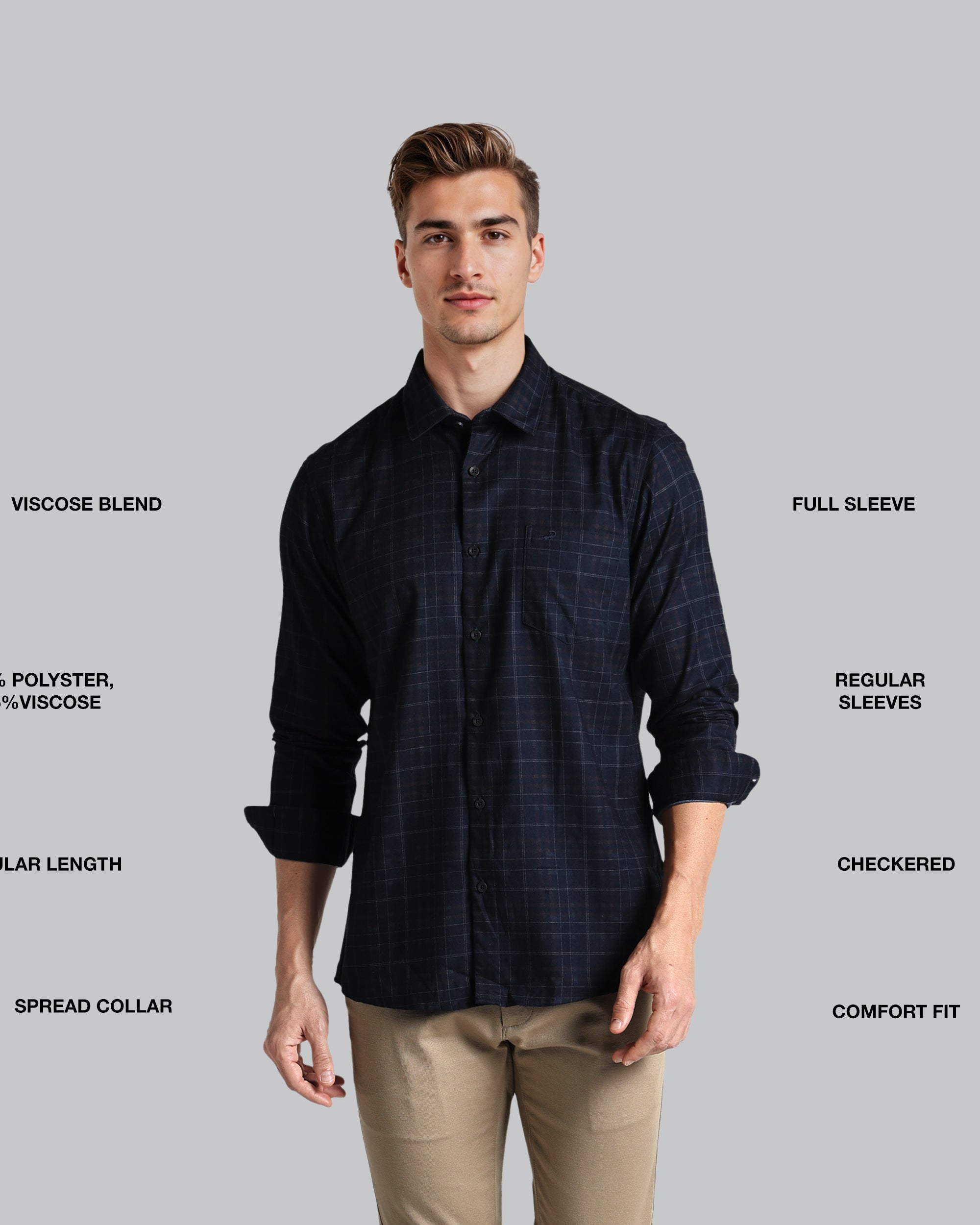 Man wearing a black checkered shirt with text labels on a gray background