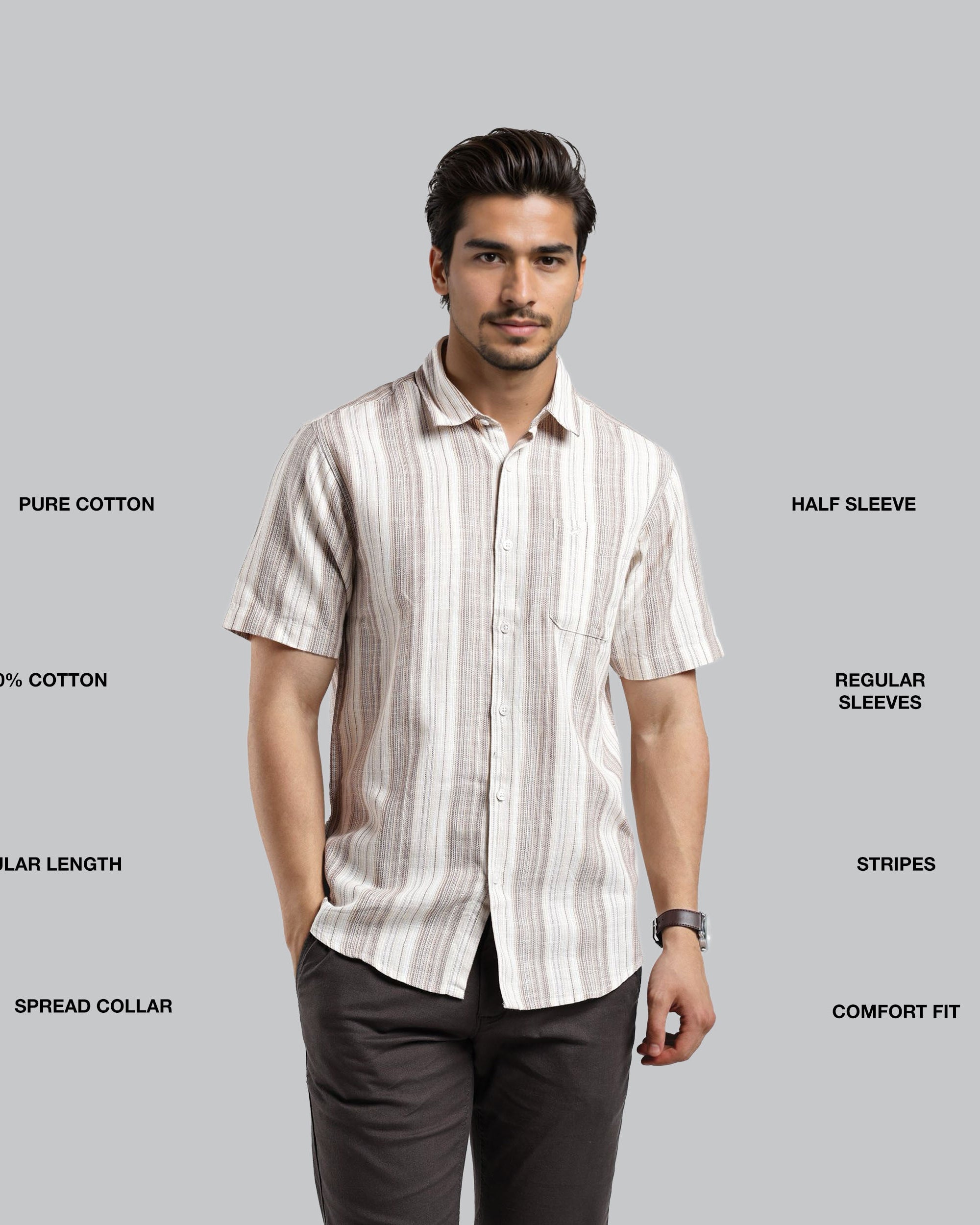 Man wearing a striped shirt with text describing garment features on a gray background