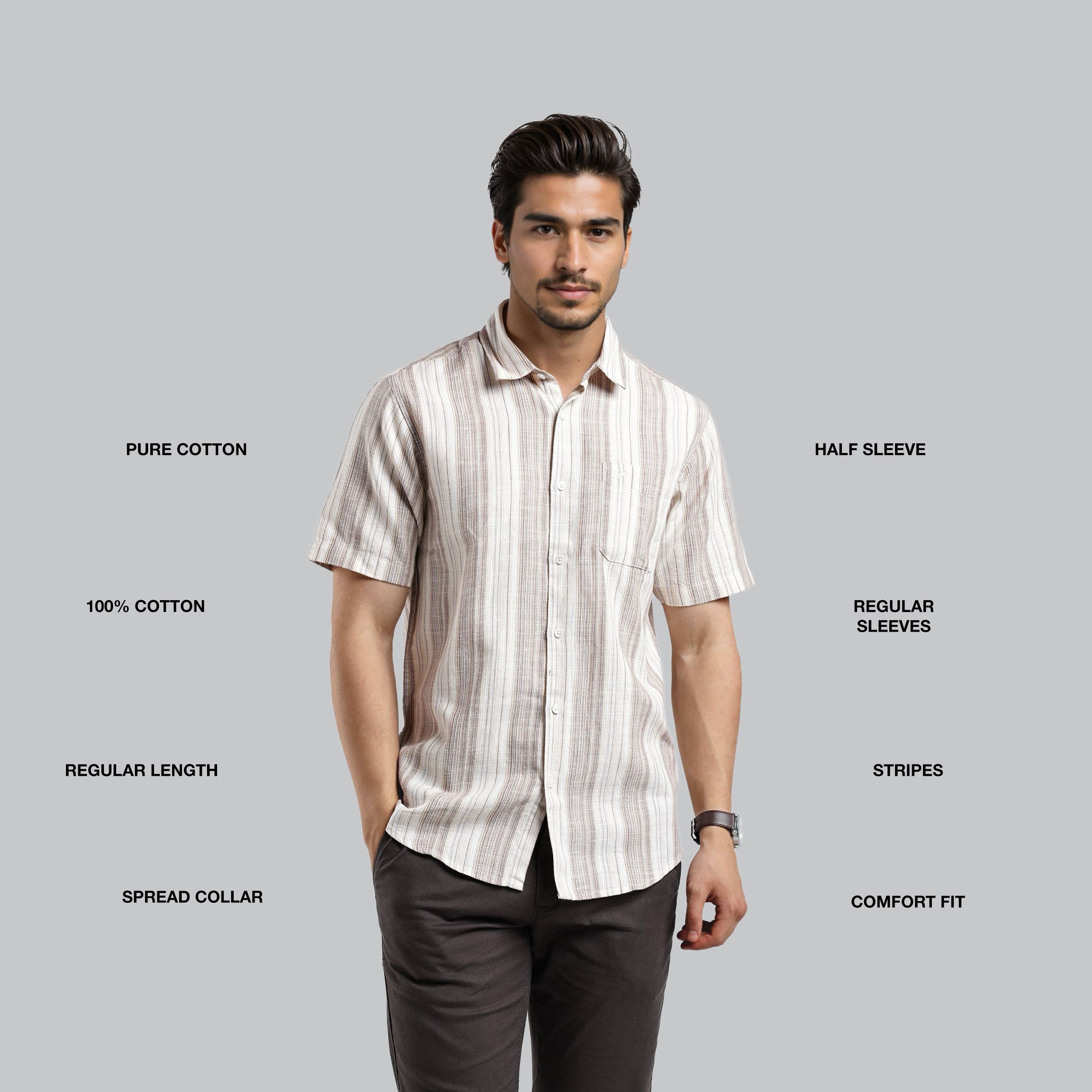 Man wearing a striped shirt with text describing garment features on a gray background