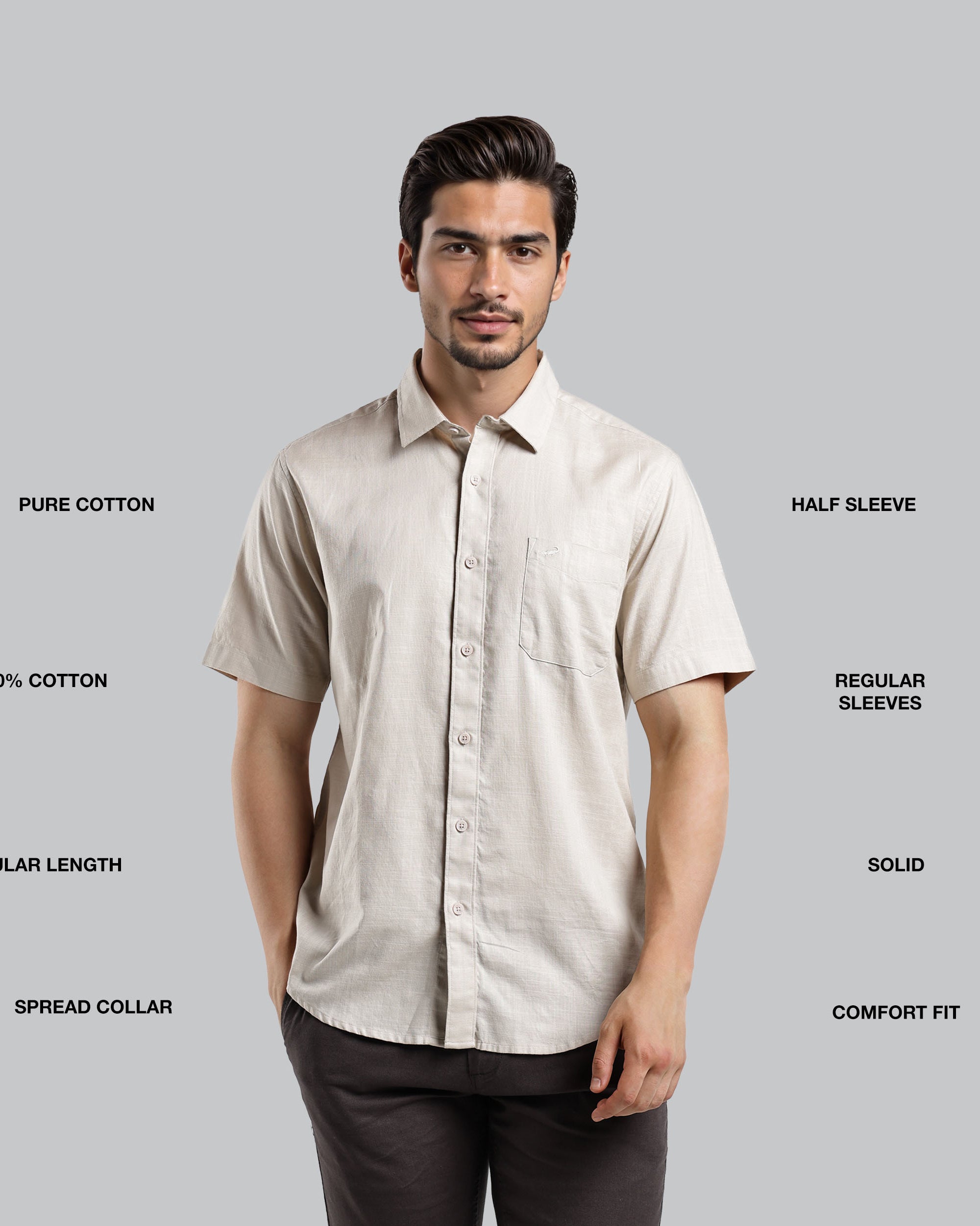 Man wearing a beige shirt with text describing its features on a gray background