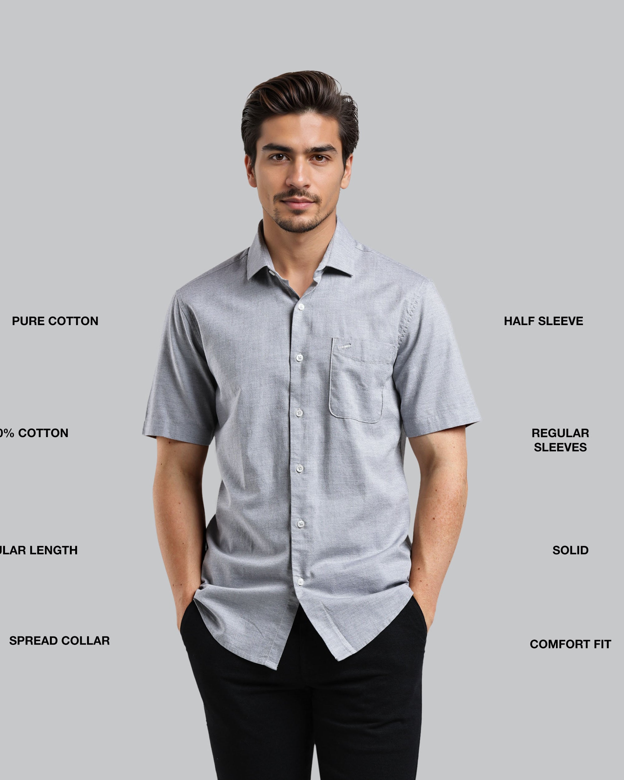 Man wearing a gray short-sleeve shirt with text describing features on a gray background