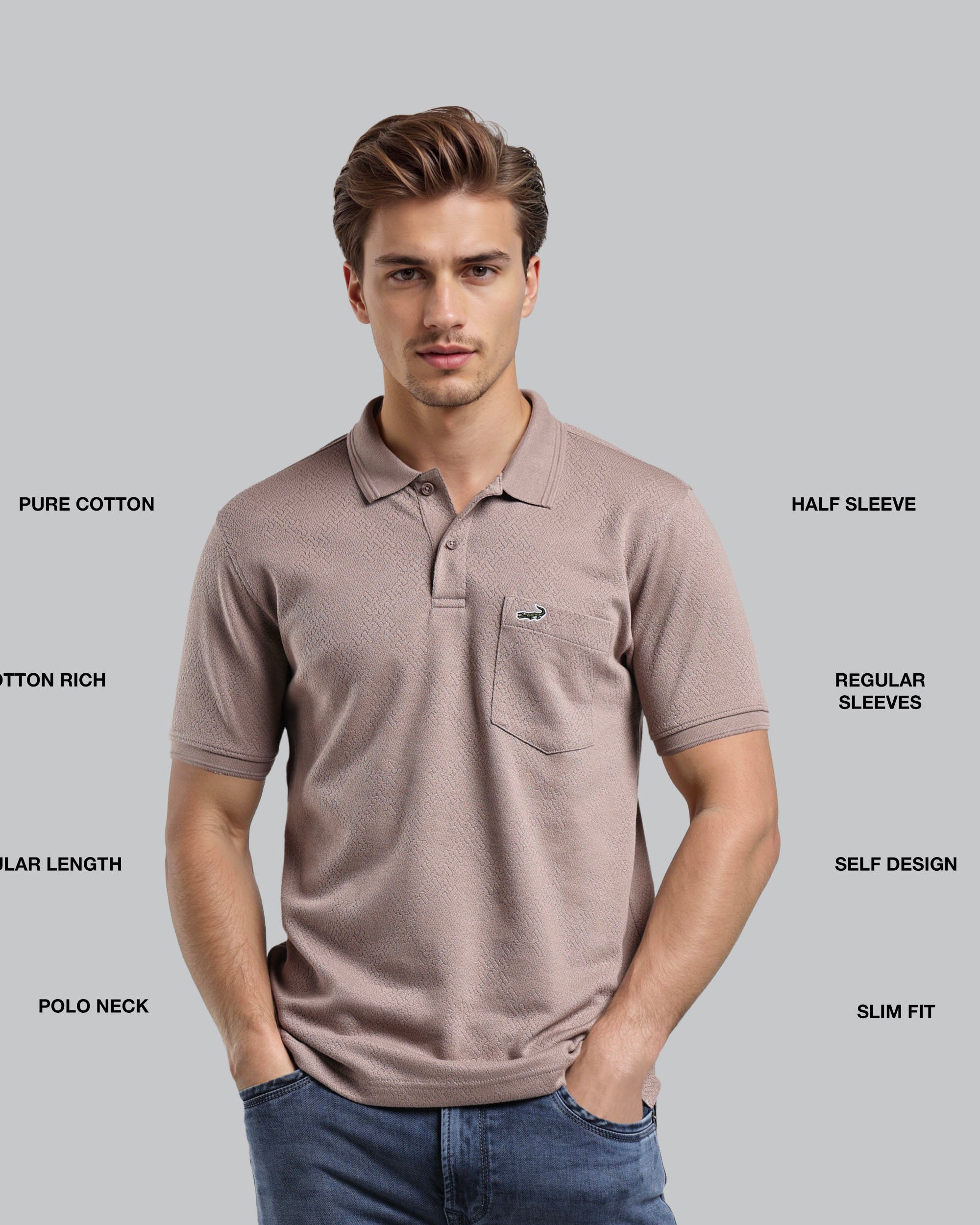 Man wearing a brown polo shirt with text describing features on a gray background