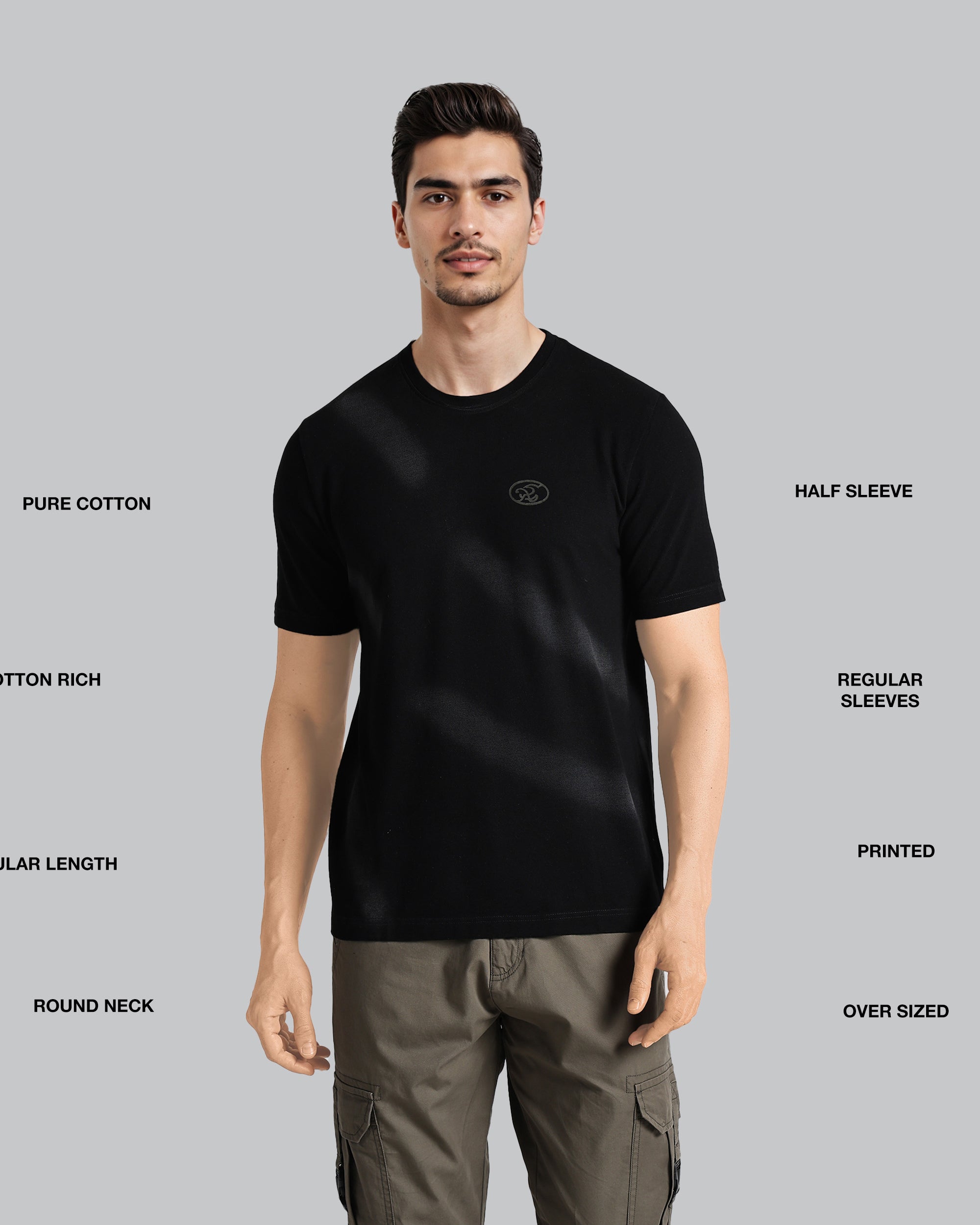 Man wearing a black t-shirt with text describing features on a gray background