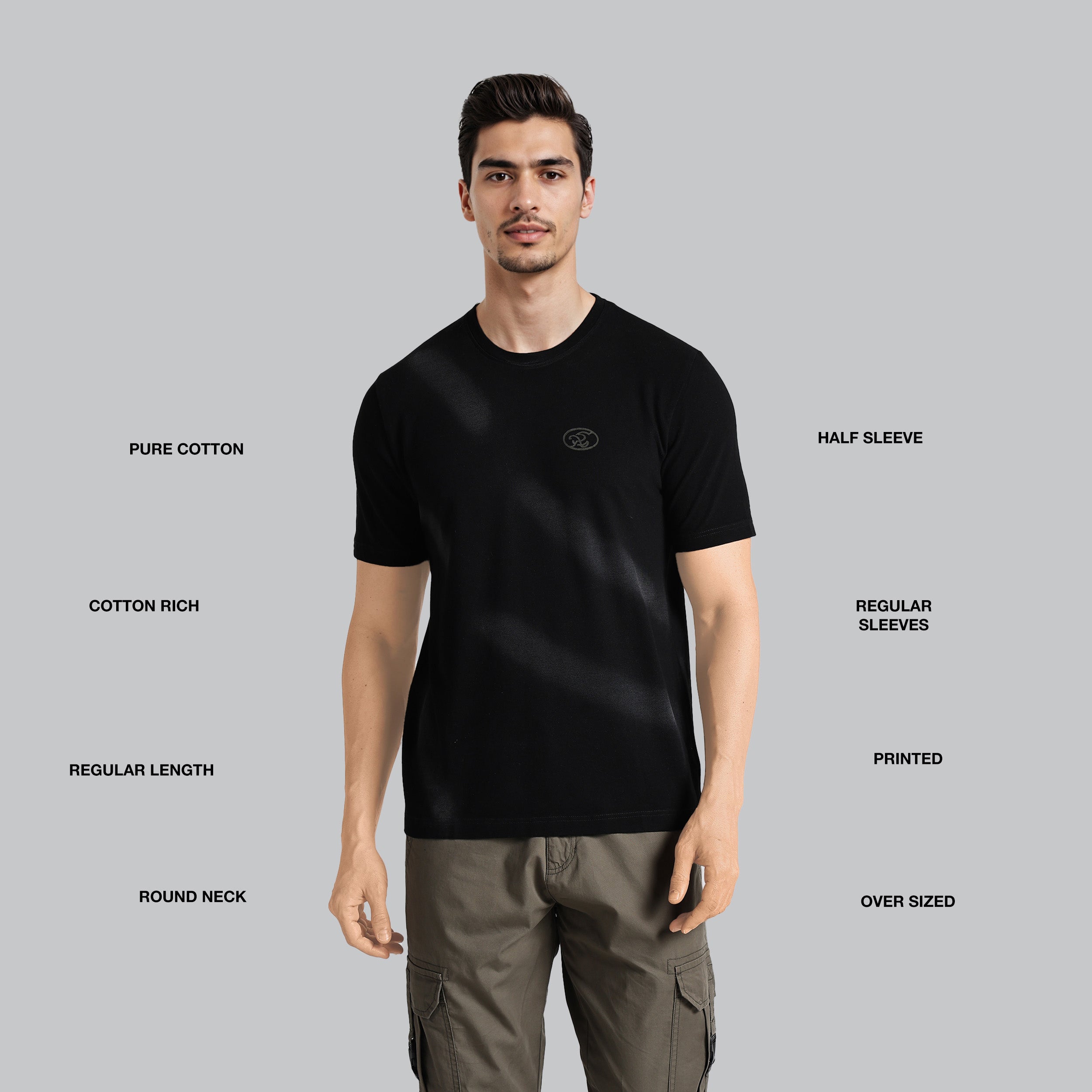 Man wearing a black t-shirt with text describing features on a gray background