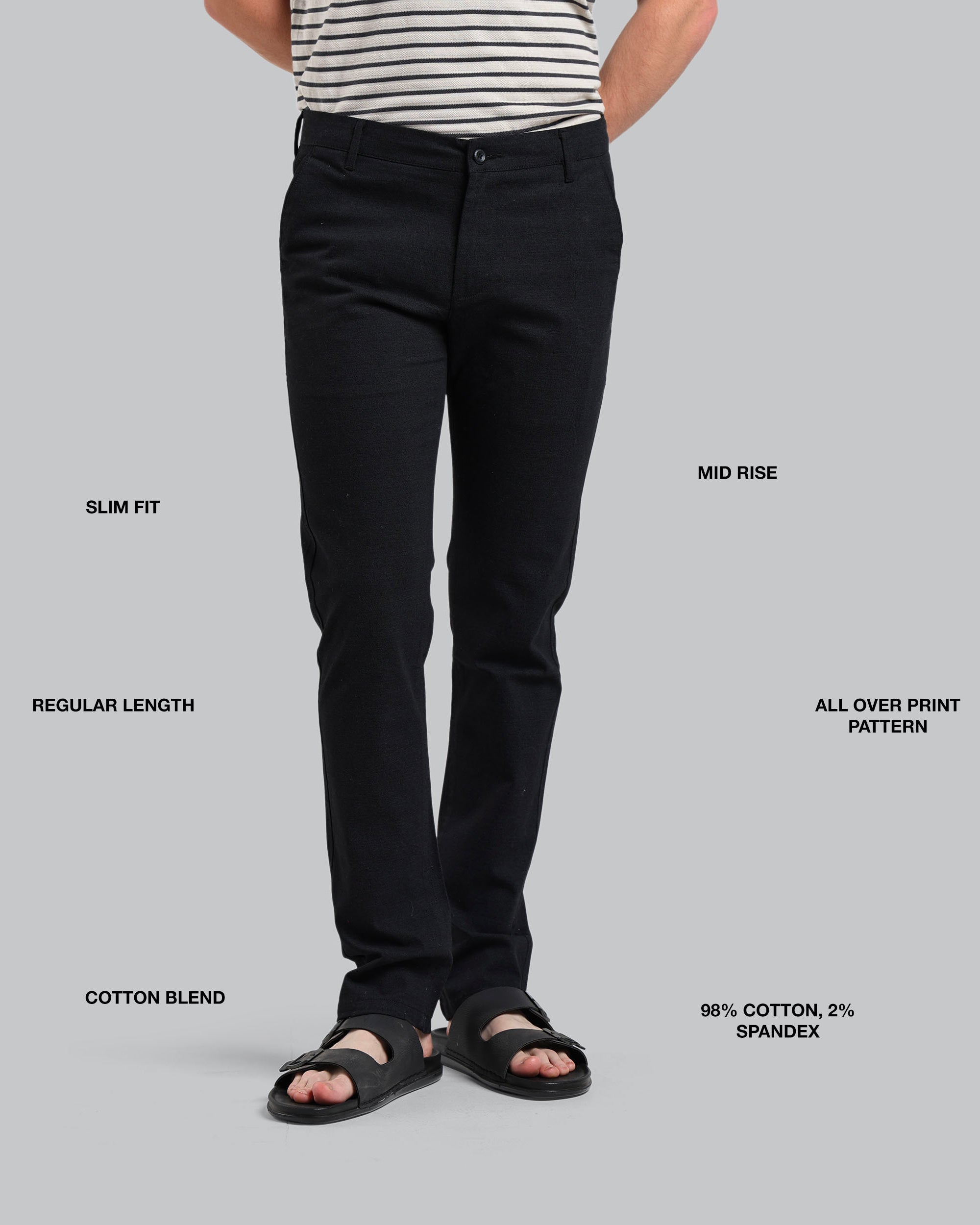 Person wearing black pants with text labels on a gray background