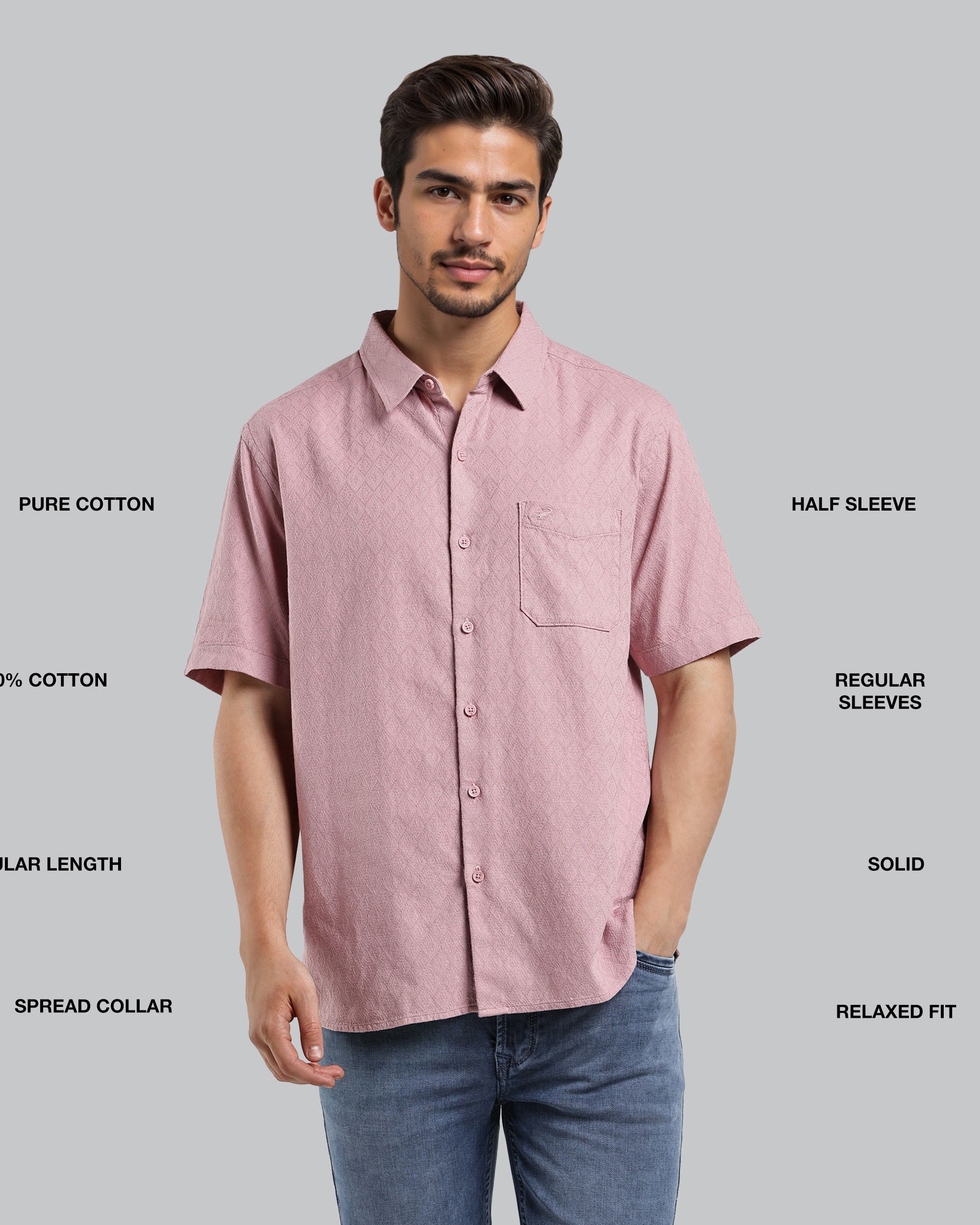 Man wearing a pink short-sleeve shirt with text describing features on a gray background