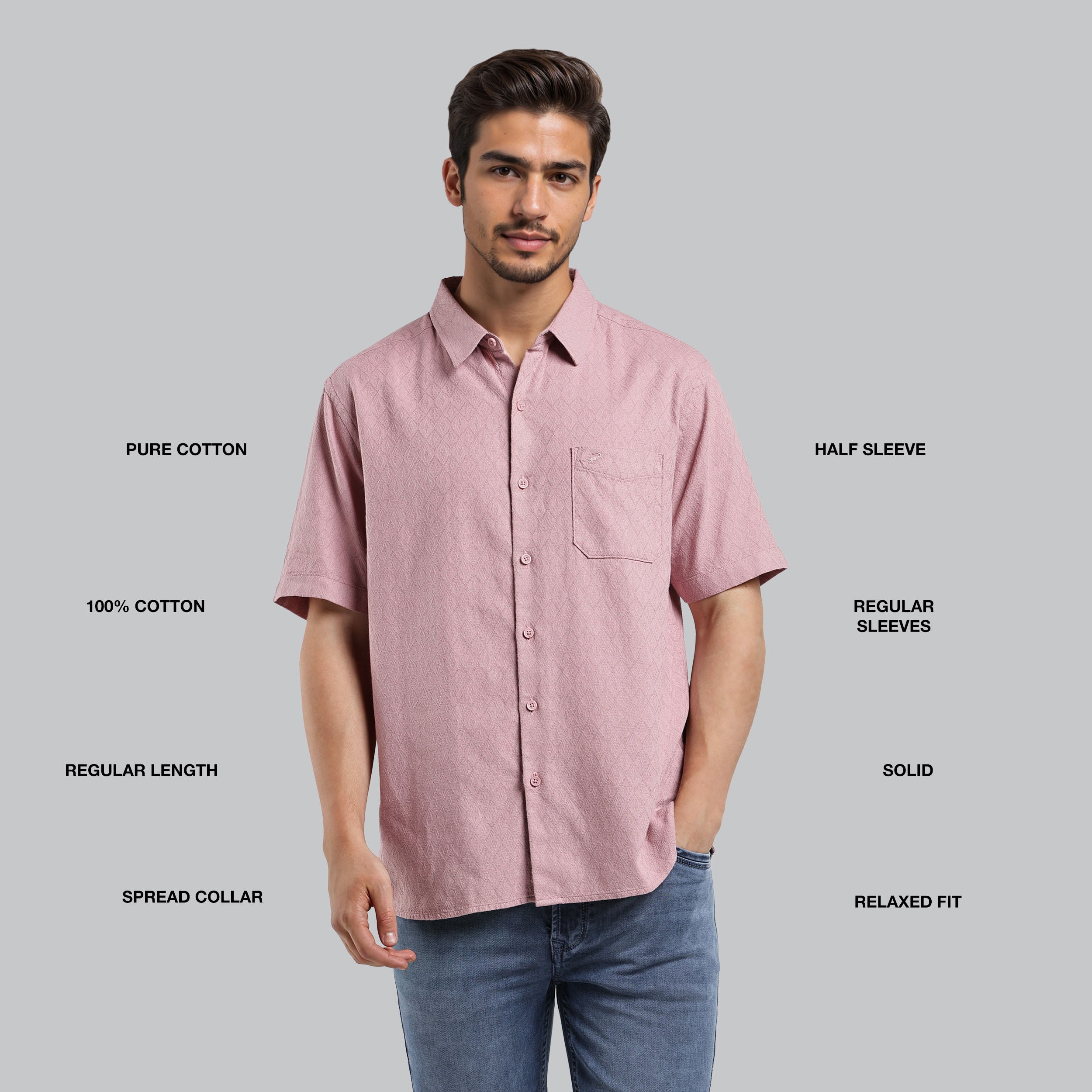 Man wearing a pink short-sleeve shirt with text describing features on a gray background