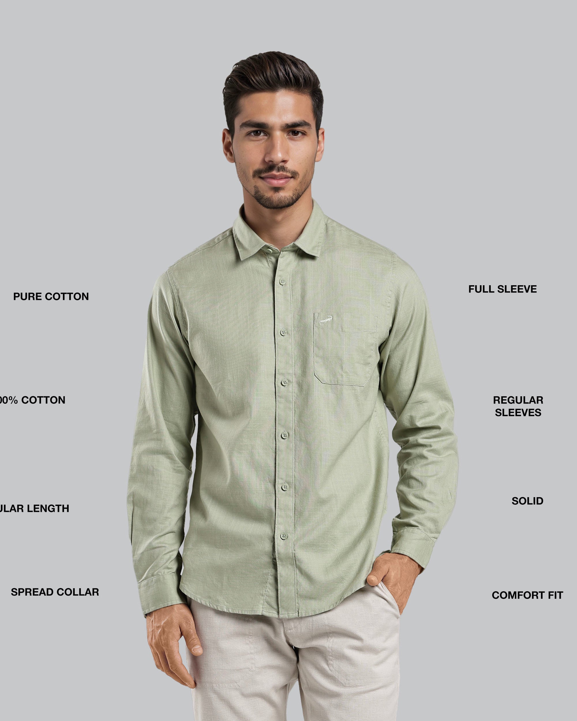 Man wearing a light green shirt with text describing features on a gray background