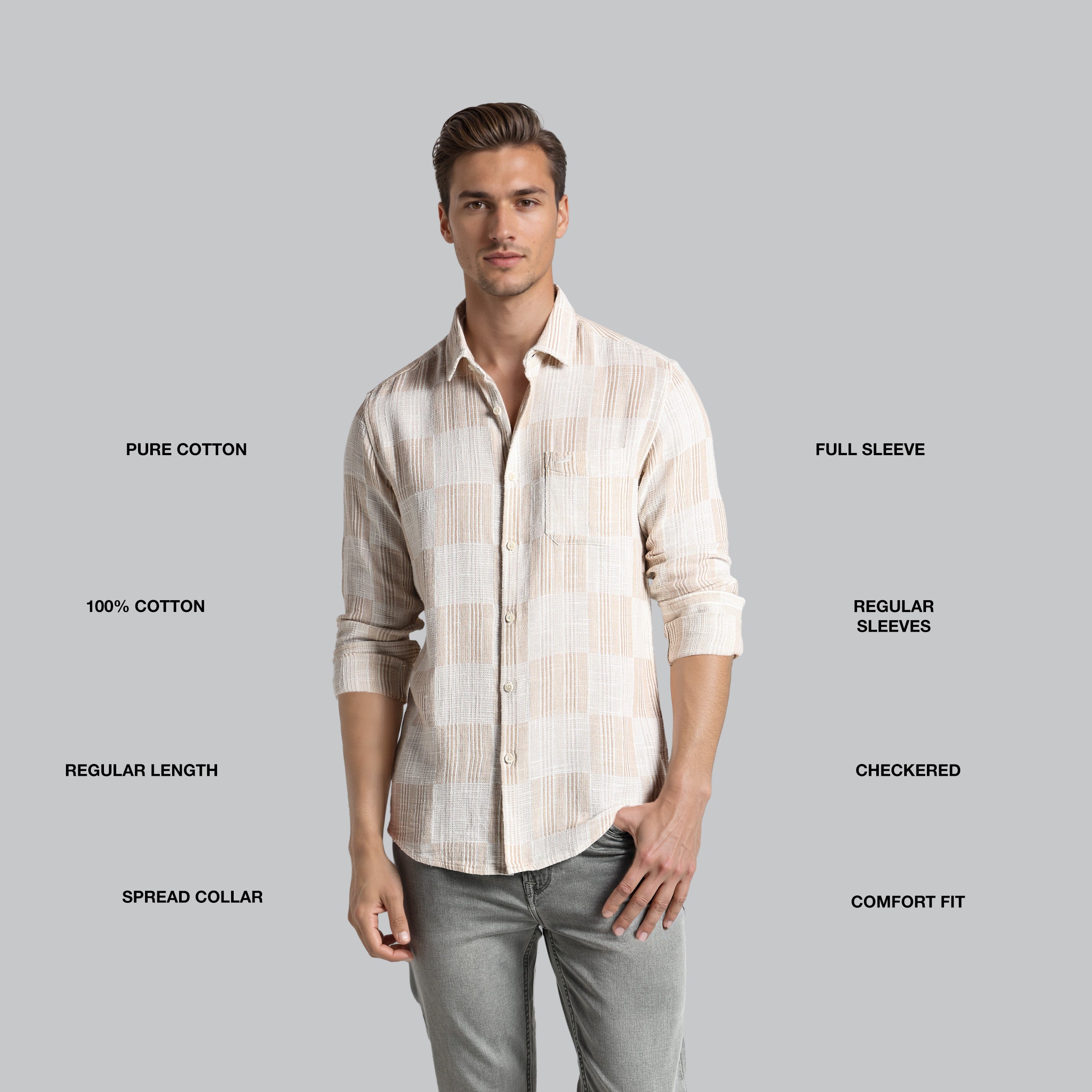 Man wearing a checkered shirt with text describing garment features on a gray background