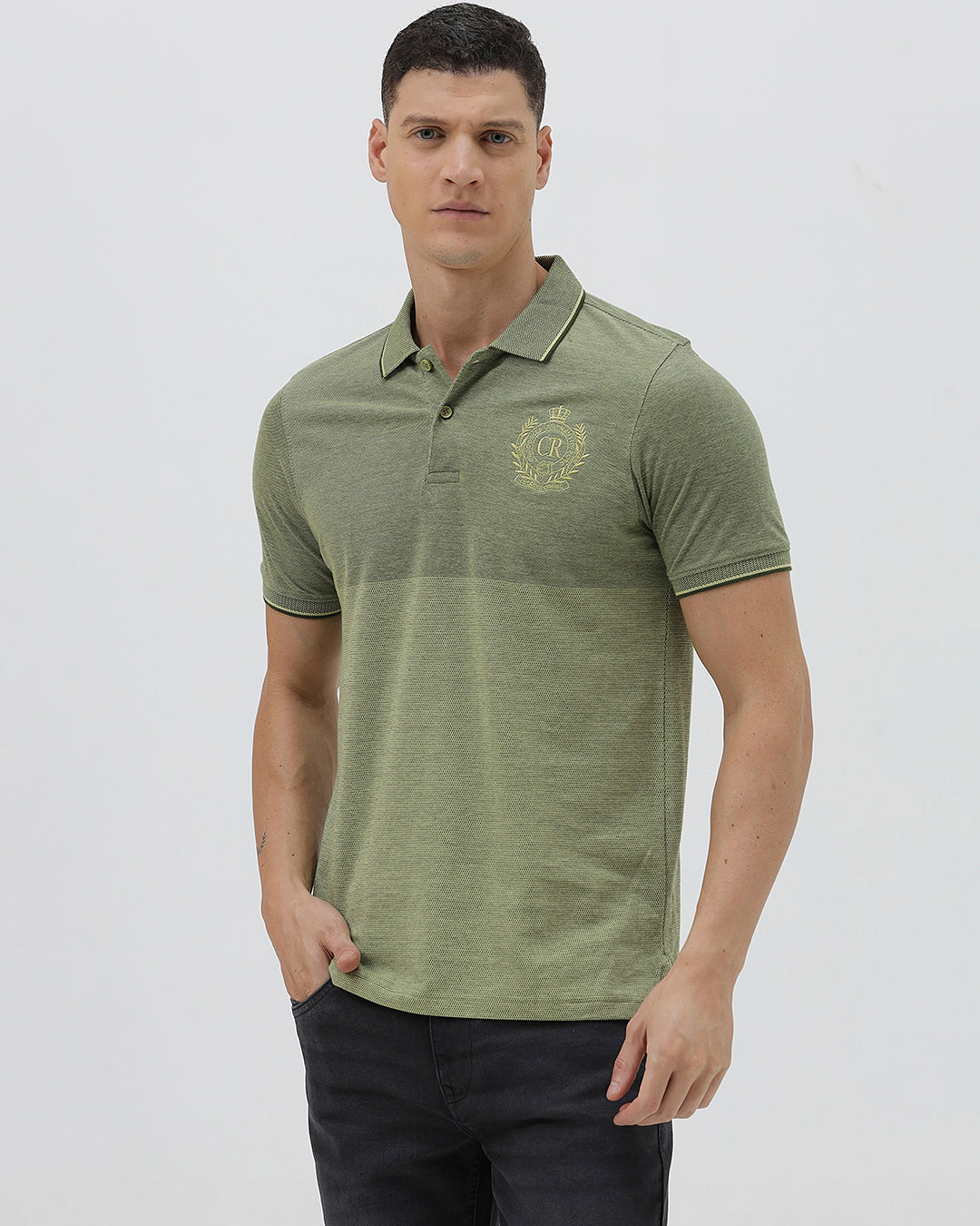 A man wearing a short-sleeve polo shirt in olive green with a subtle horizontal color-blocked stripe and a small gold crest logo on the left chest, paired with dark pants, against a light gray studio background.