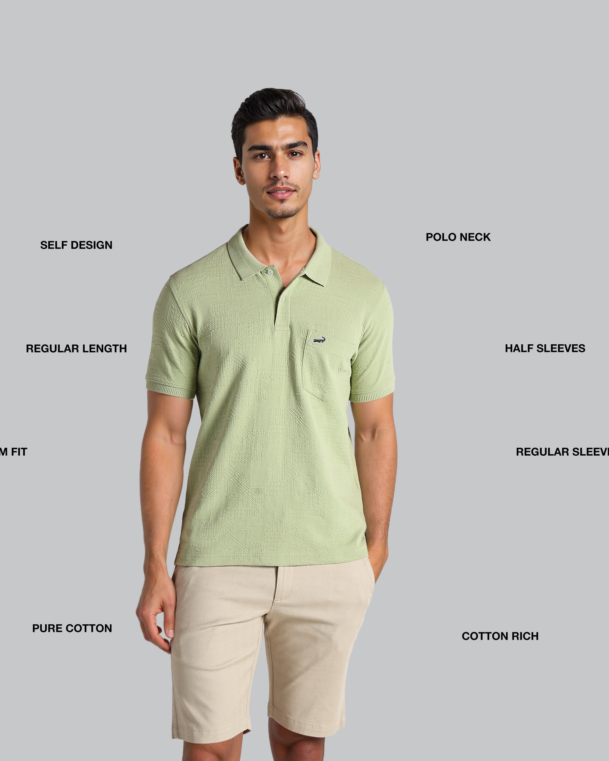 Man wearing a light green polo shirt with text labels on a gray background