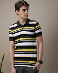 Grey Yellow Striped Polo T-Shirt