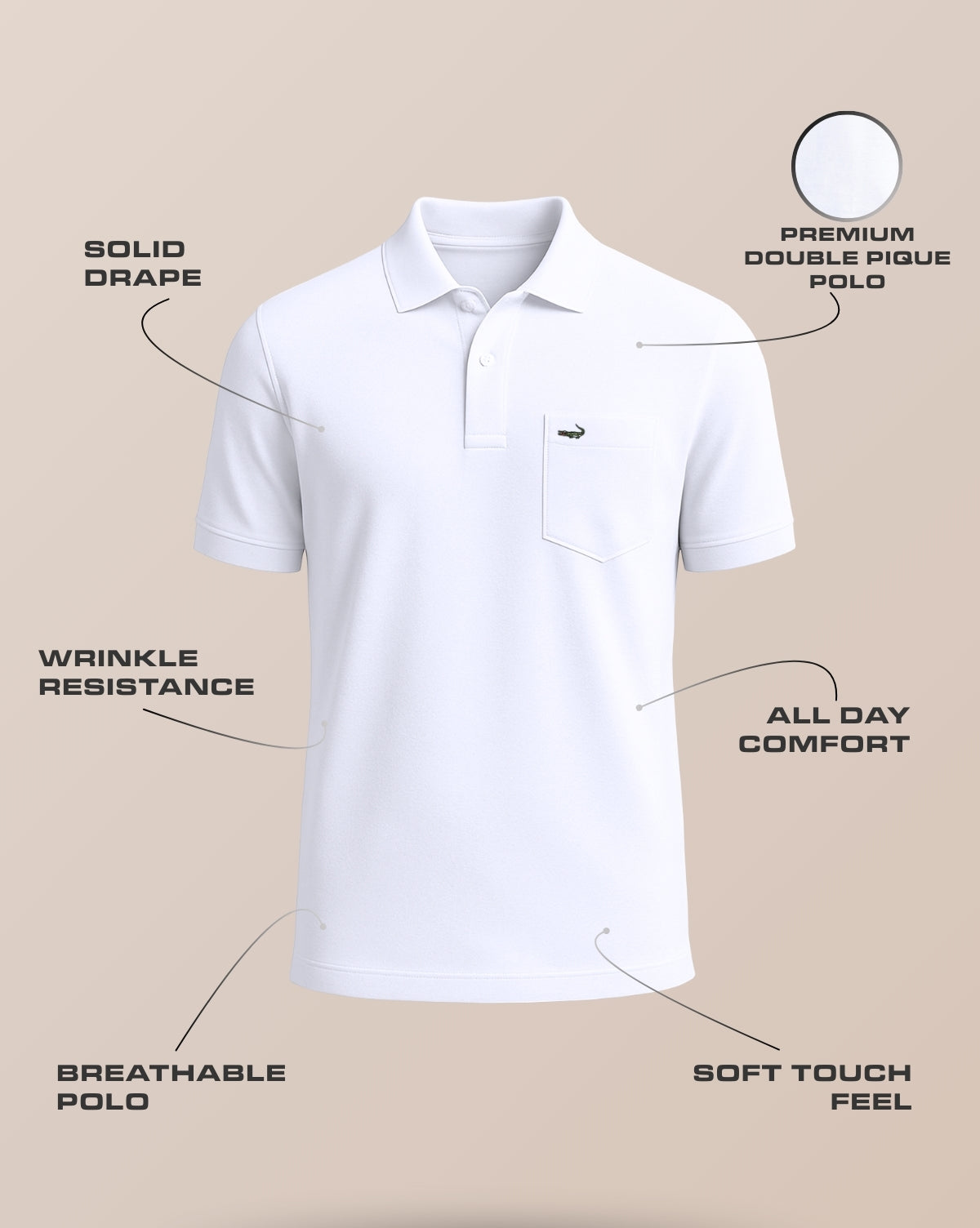 Man wearing a white white solid polo t shirt with pocket with casual styling on a gray background