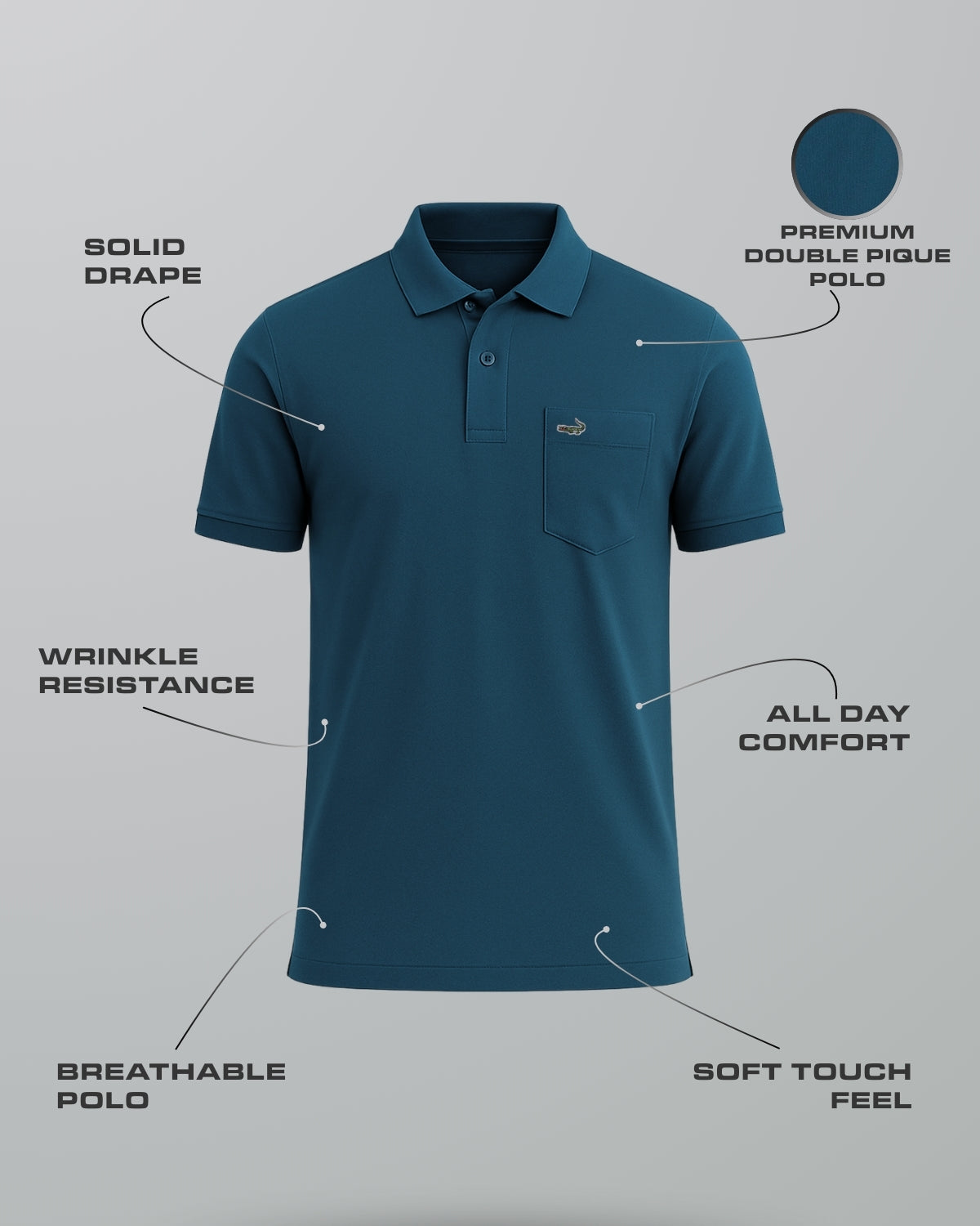 Man wearing a blue blue coral solid polo t shirt with casual styling on a gray background
