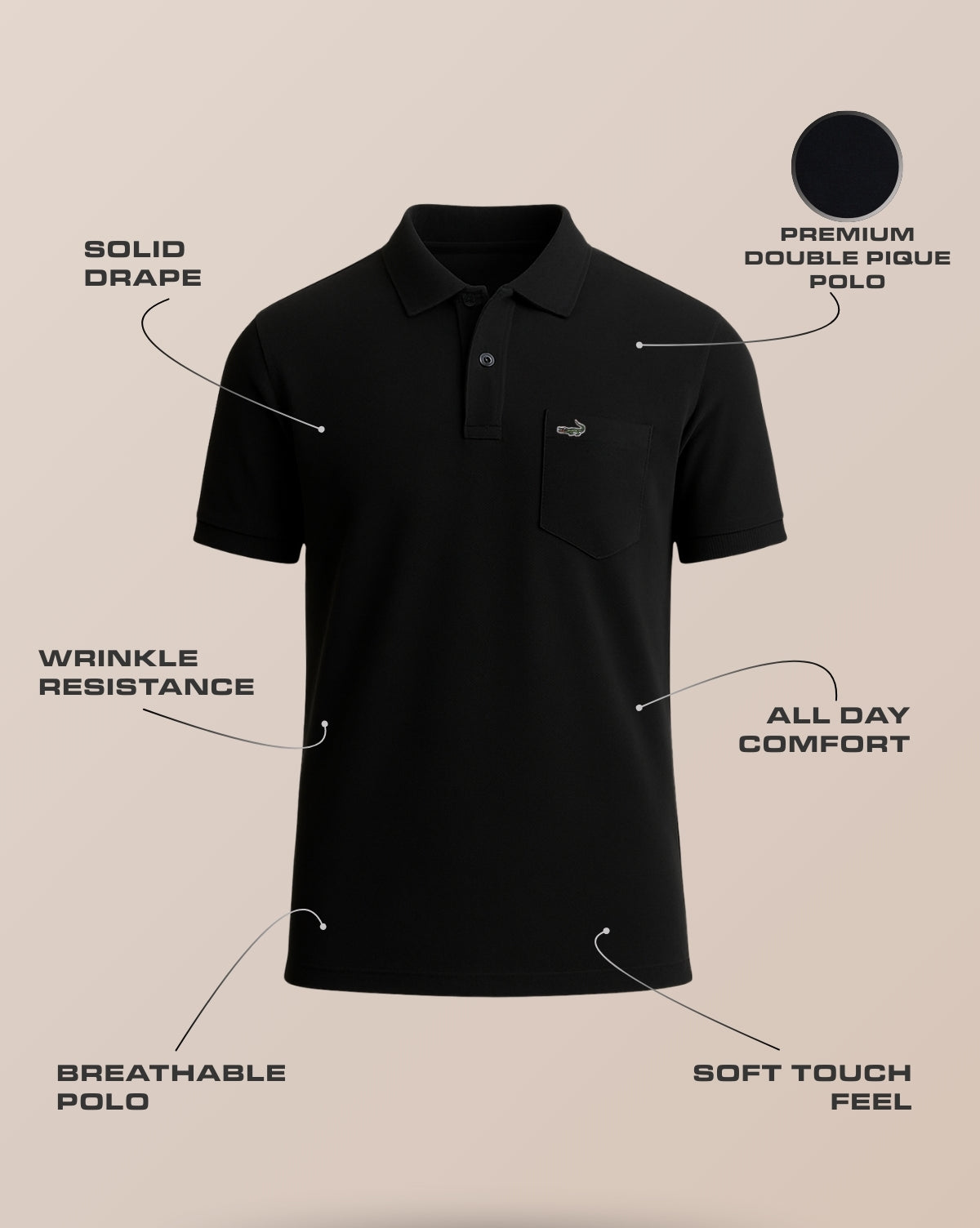 Man wearing a black casual solid black polo t shirt with pocket with casual styling on a gray background