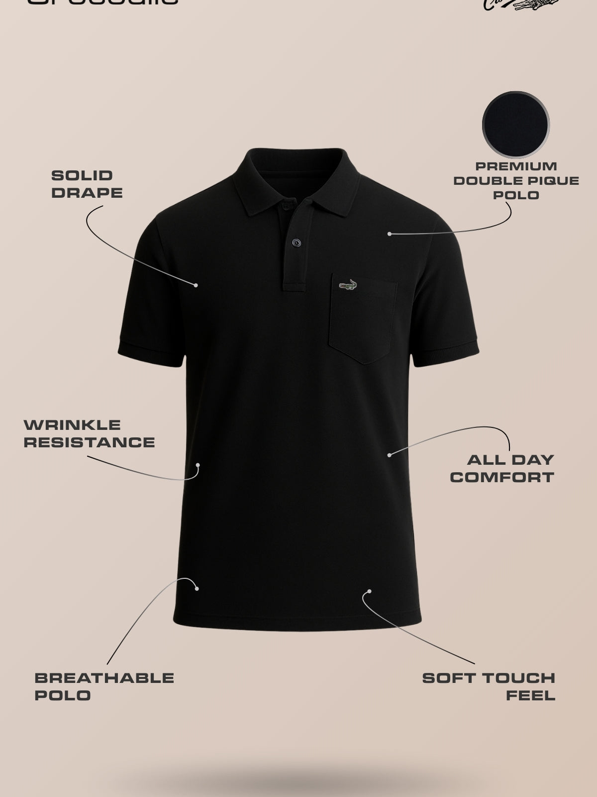 Man wearing a black casual solid black polo t shirt with pocket with casual styling on a gray background