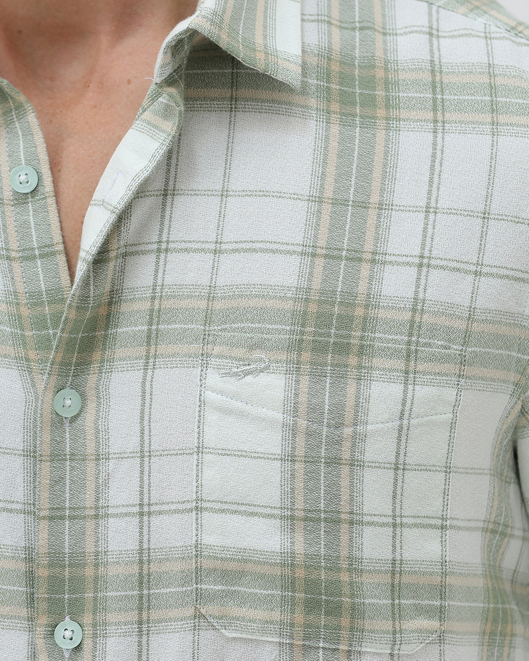 A man wearing a light green and white plaid long-sleeve button-up shirt with beige trousers, standing against a plain light gray background.