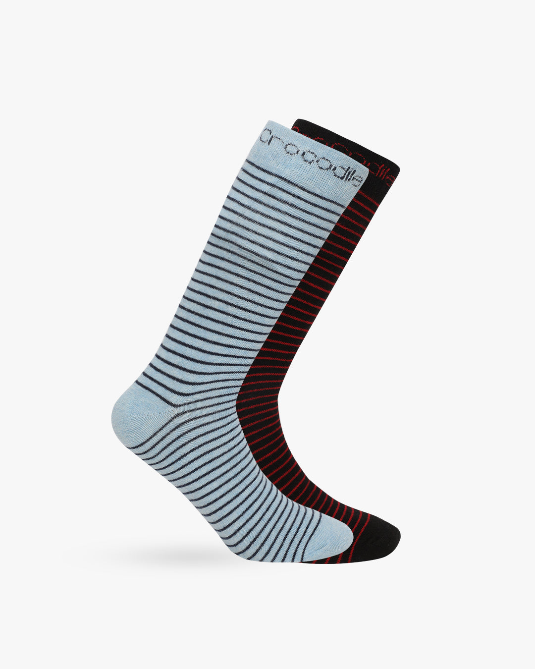 A pair of striped full-length cotton terry socks in assorted colors, displayed in a standing position with the heel on the left side visible.