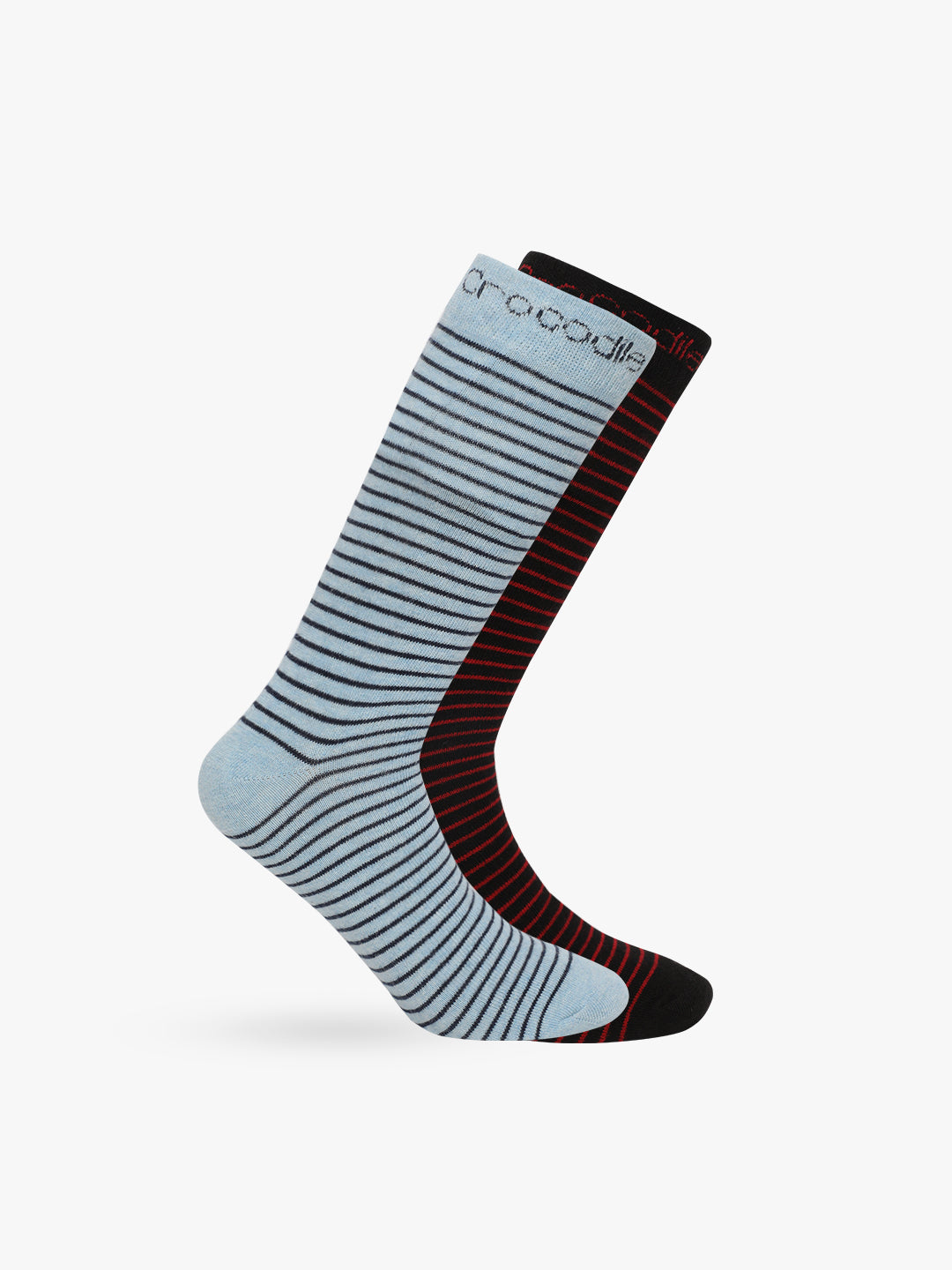 A pair of striped full-length cotton terry socks in assorted colors, displayed in a standing position with the heel on the left side visible.