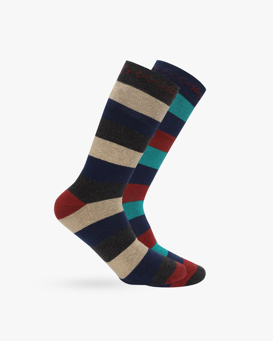 A pair of striped full-length socks with colors assorted, likely made from cotton terry fabric.
