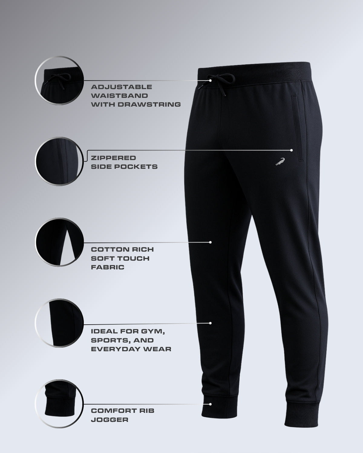 Black jogger pants with features listed on a gray background