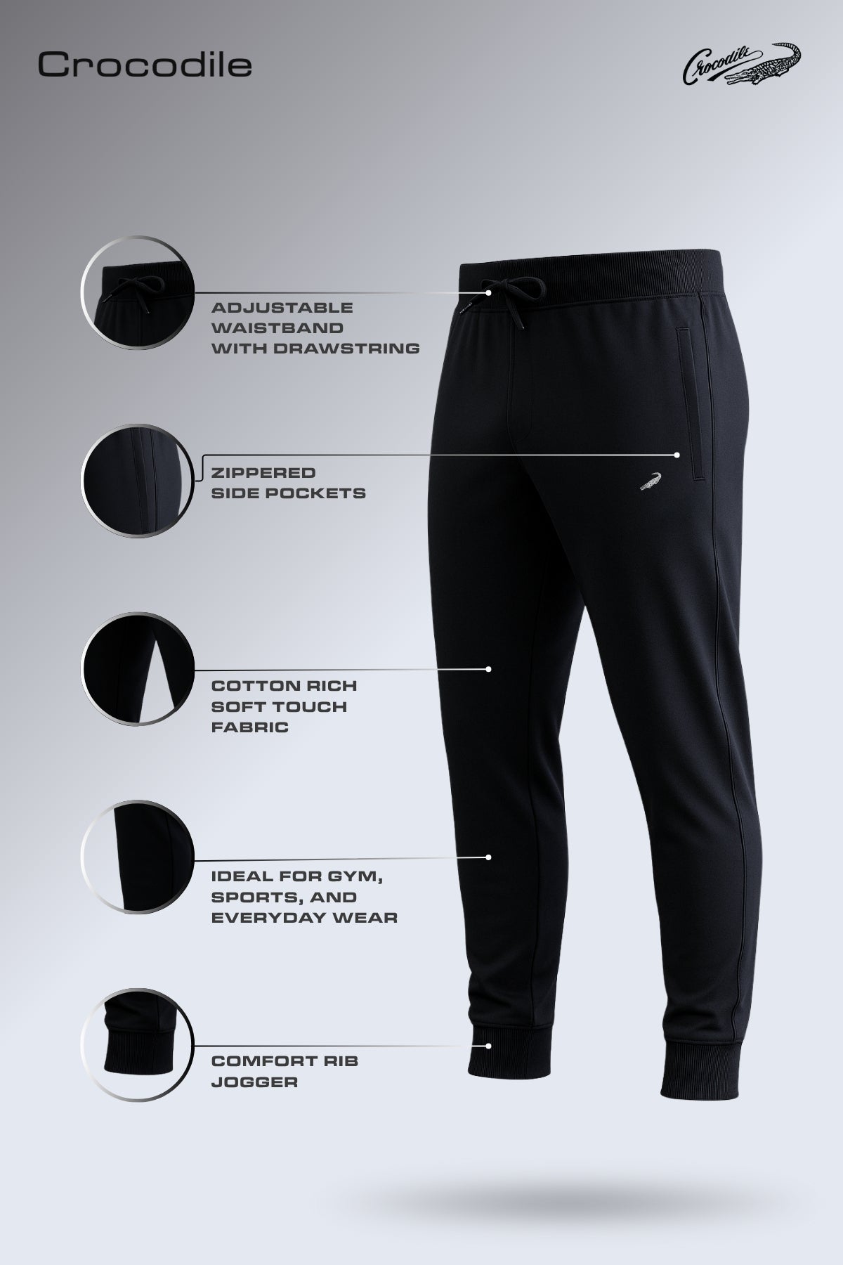 Black jogger pants with features listed on a gray background
