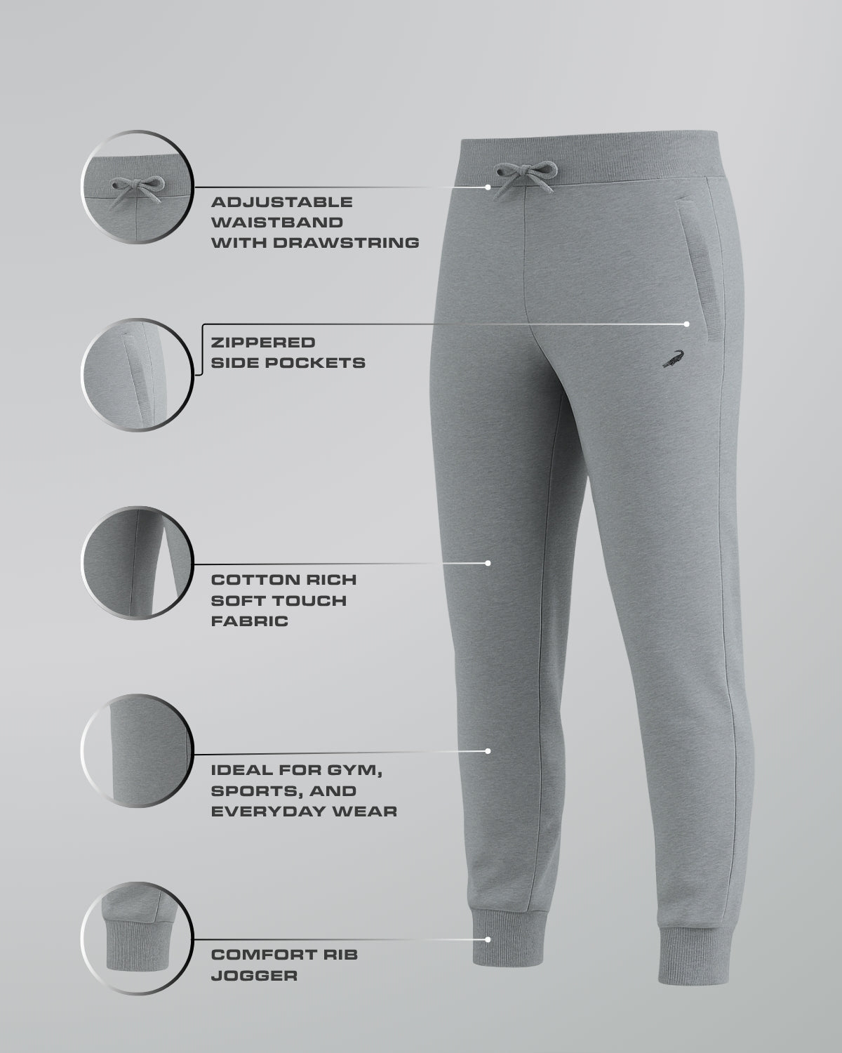 Gray jogger pants with features listed on a gray background