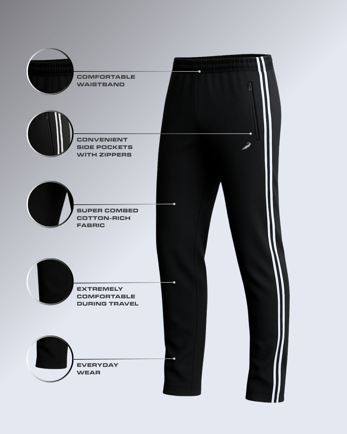 Black pants with white stripes on a gray background, featuring Crocodile branding.