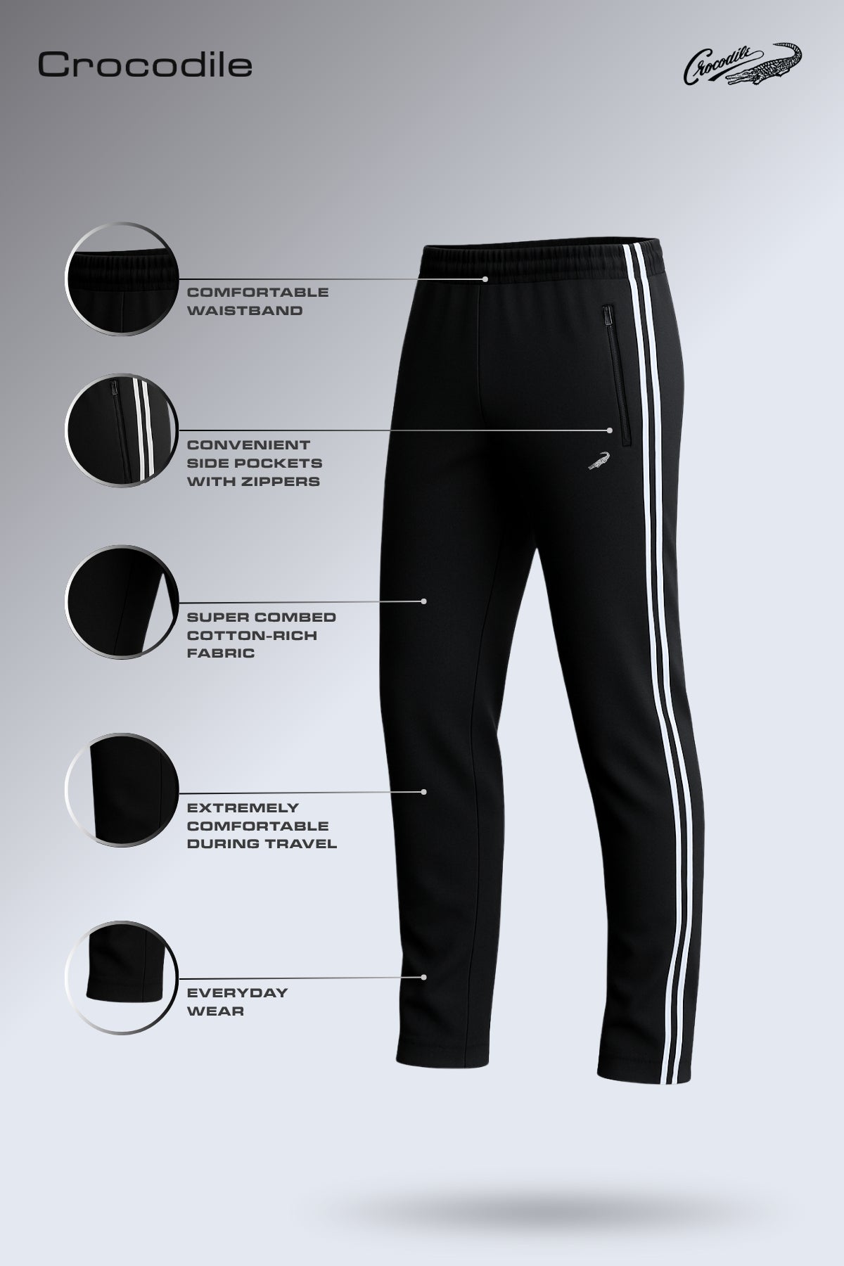 Black pants with white stripes on a gray background, featuring Crocodile branding.