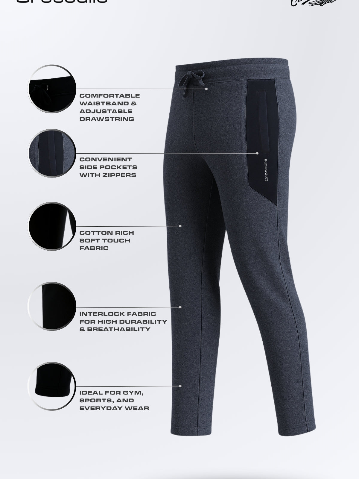 Woman wearing a solid slim fit charcoal melange track pant with casual styling on a gray background