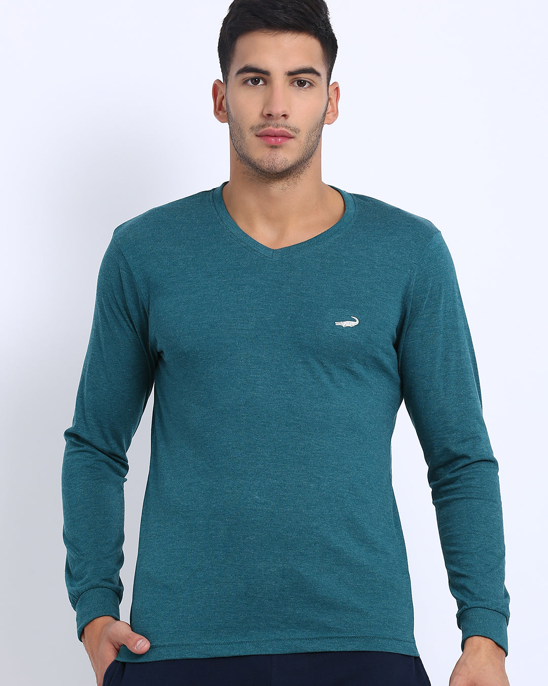 Men's Solid V Neck Full Sleeve Cotton T-Shirt - GREEN MELANGE