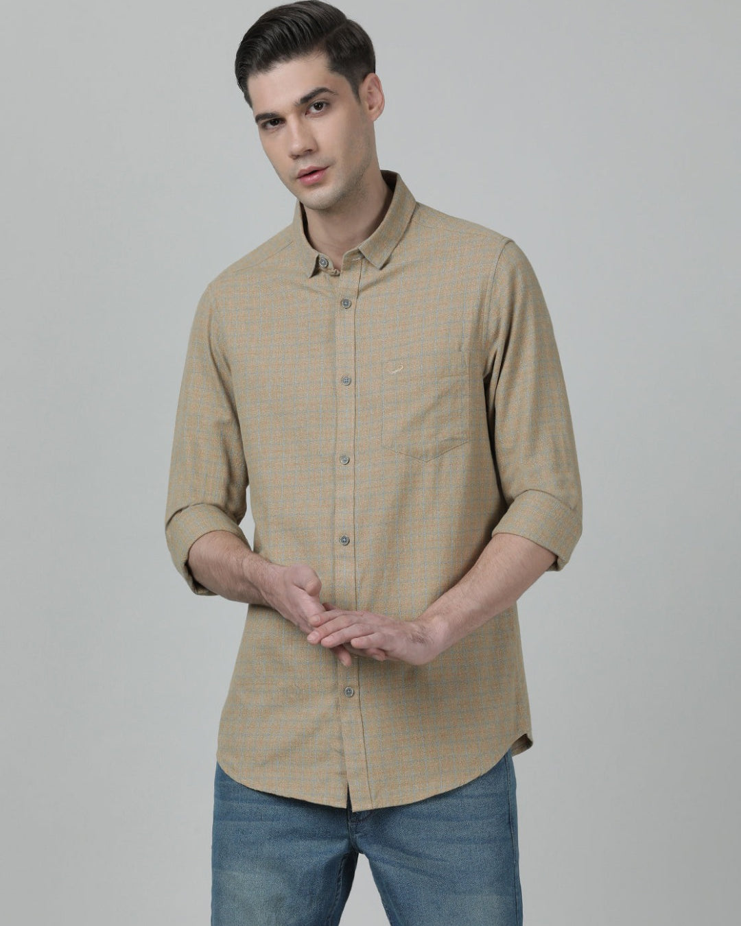 Casual Checks Comfort Fit Full Sleeve Khaki Shirt with Collar