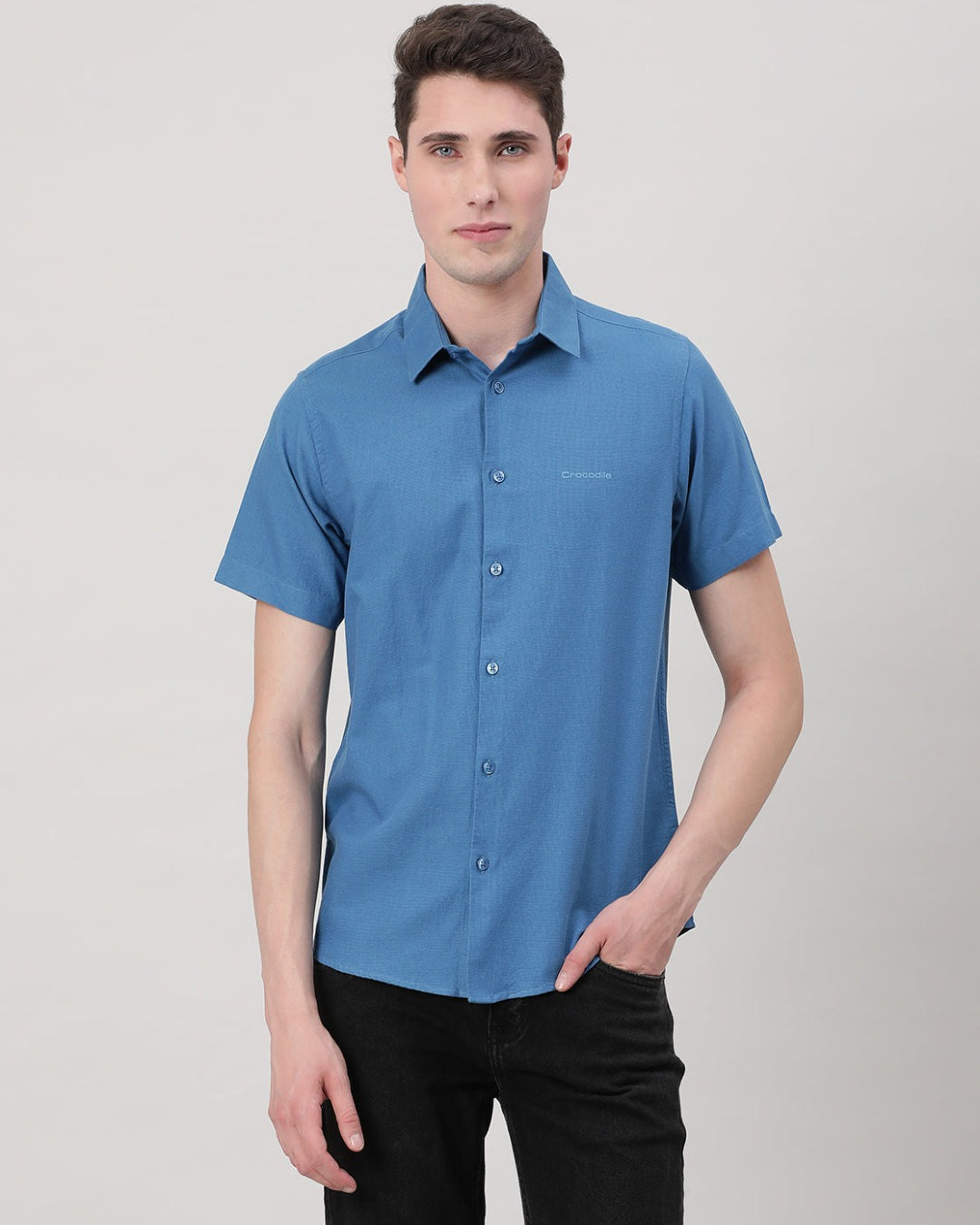 Casual Royal Blue Half Sleeve Comfort Fit Solid Shirt with Collar for Men