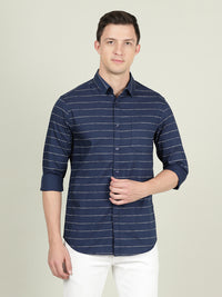 Navy Striped Full Sleeve 100% Cotton Casual Shirt