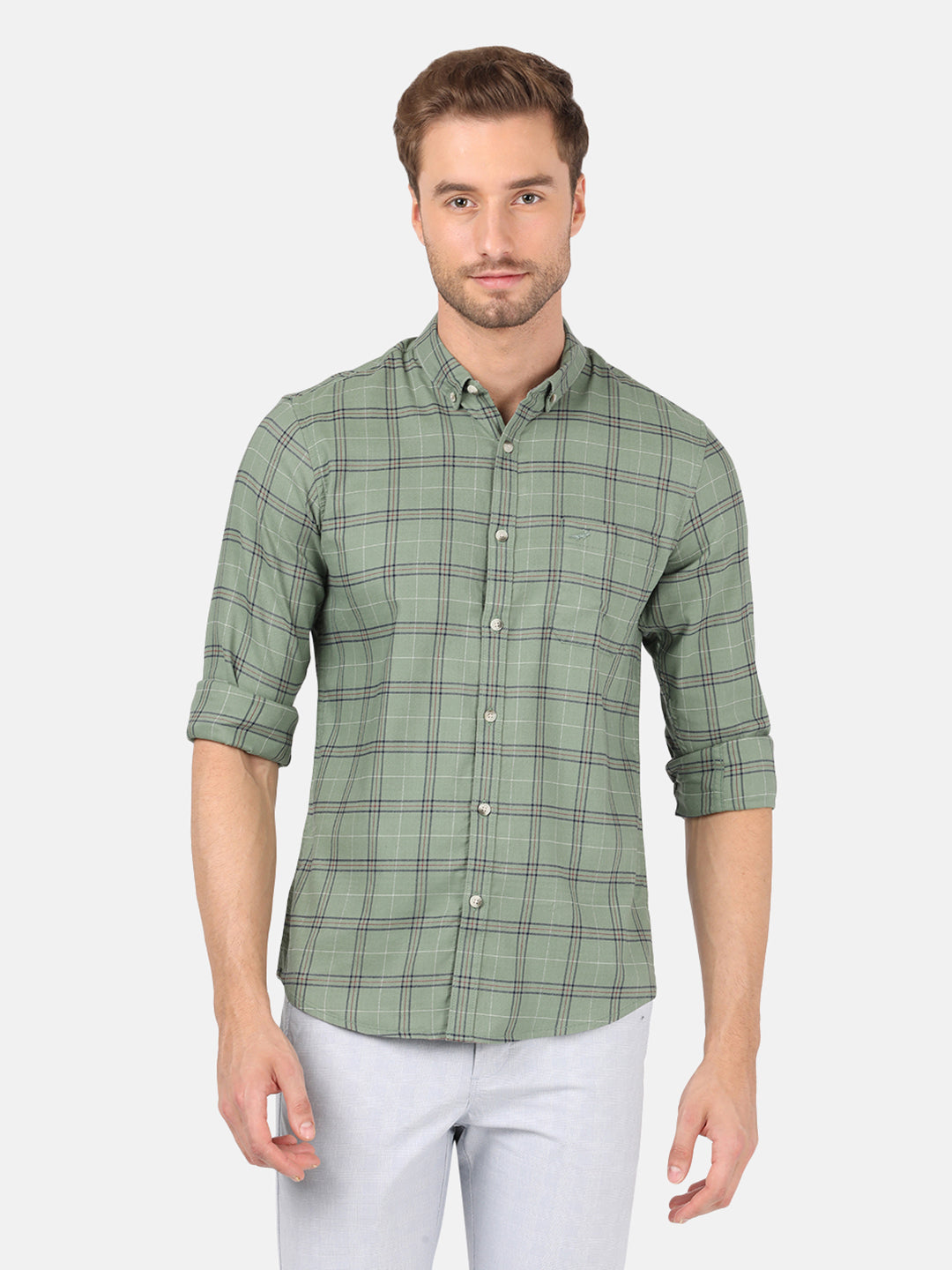 Crocodile Casual Full Sleeve Slim Fit Checks Green with Collar Shirt for Men