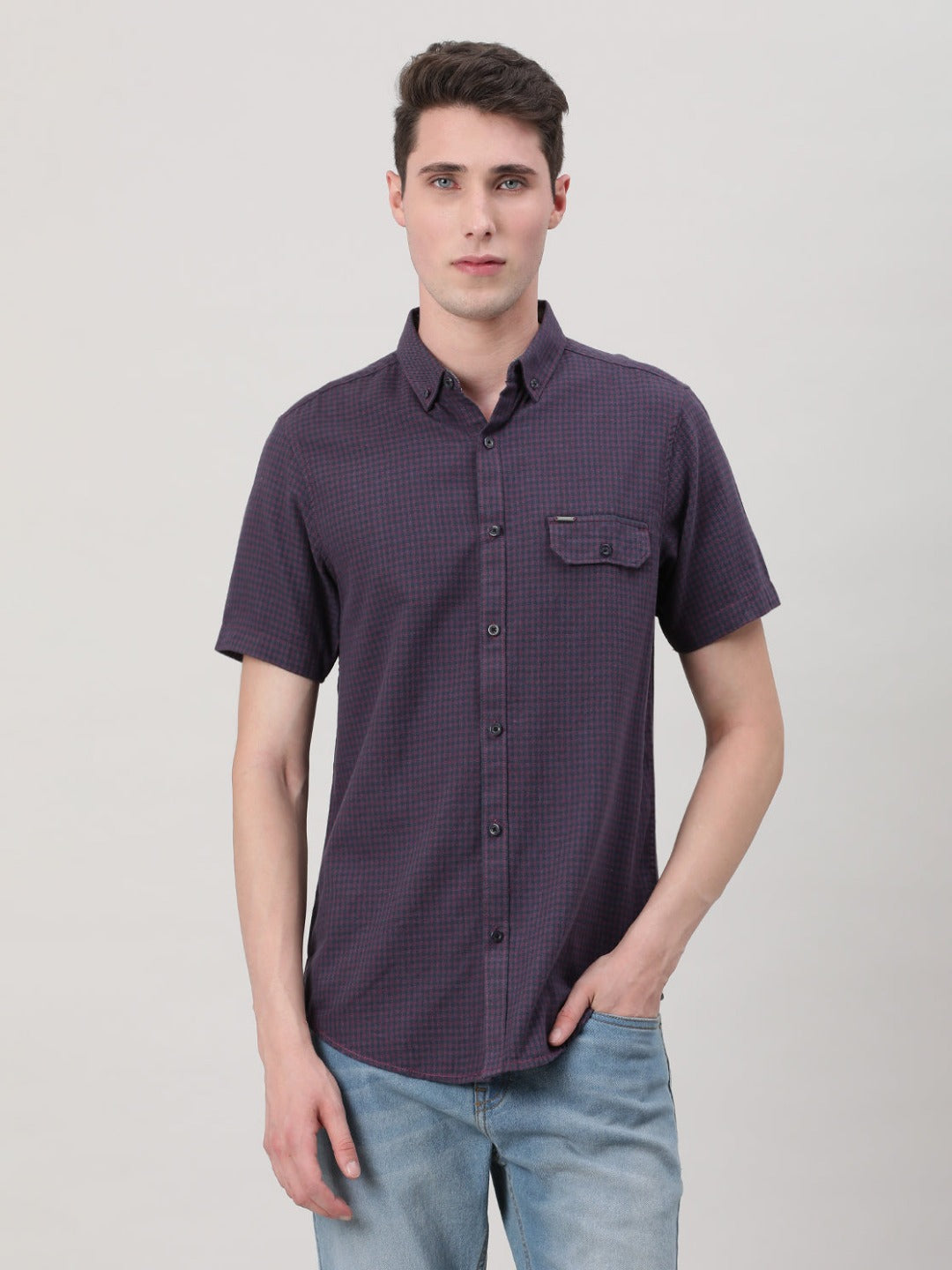 Casual Wine Half Sleeve Comfort Fit Check Shirt with Collar for Men