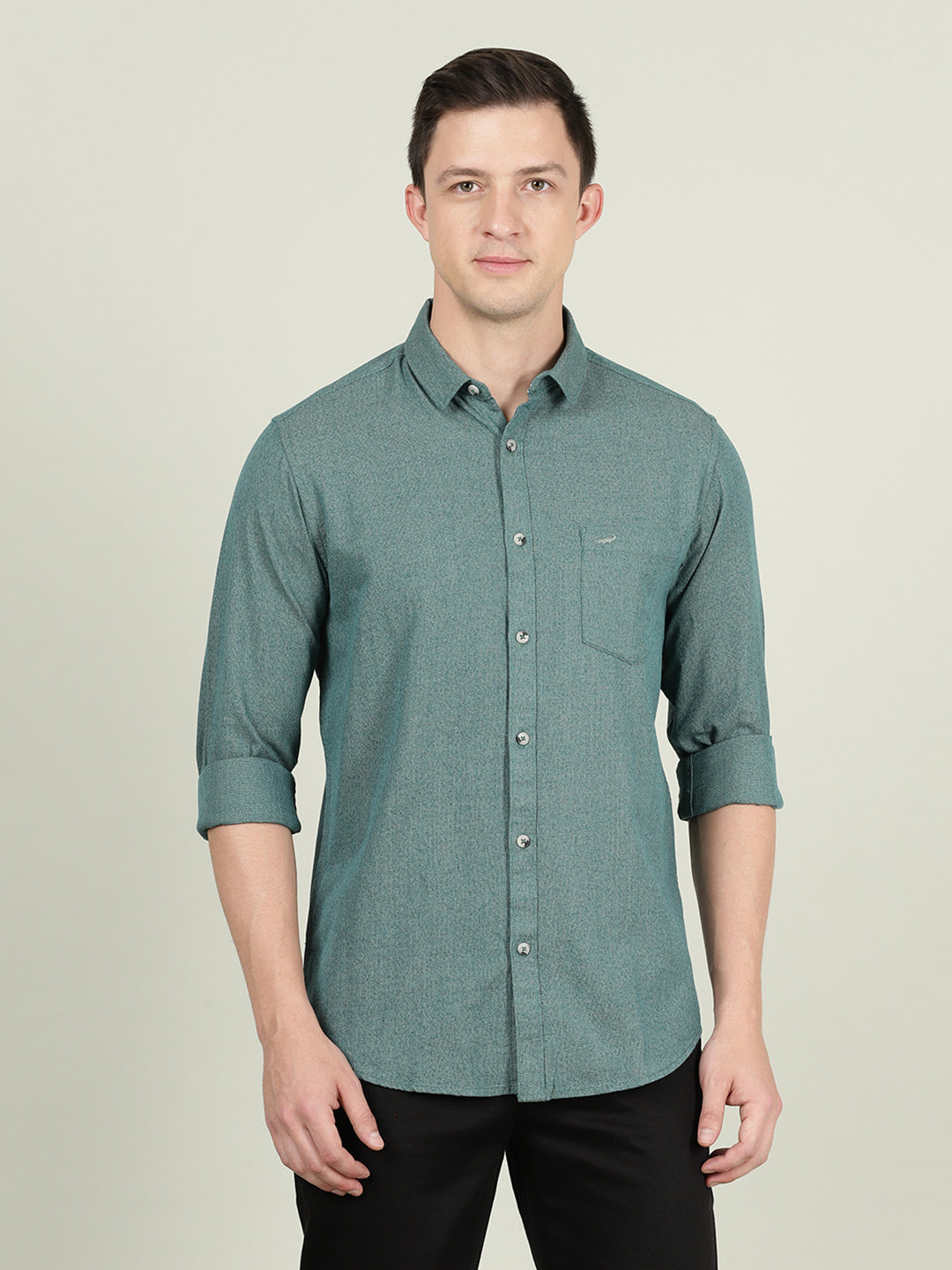 Man wearing a green solid full sleeve 100% cotton casual shirt green on a light gray background