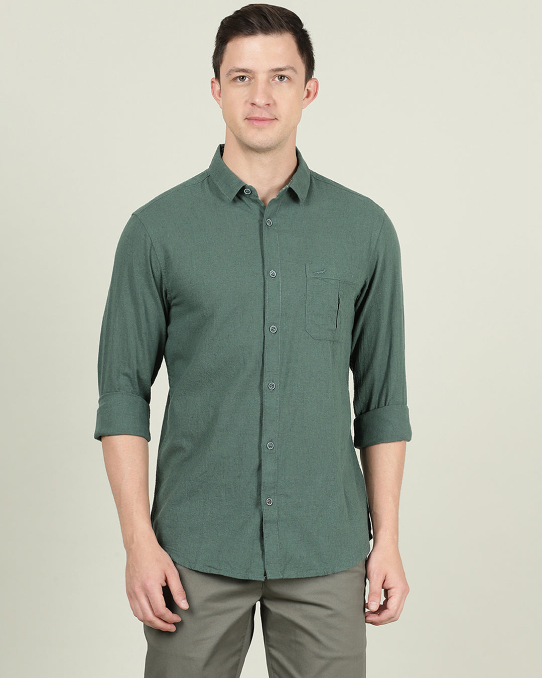 Crocodile Green Full Sleeve Collar Comfort Fit Shirt
