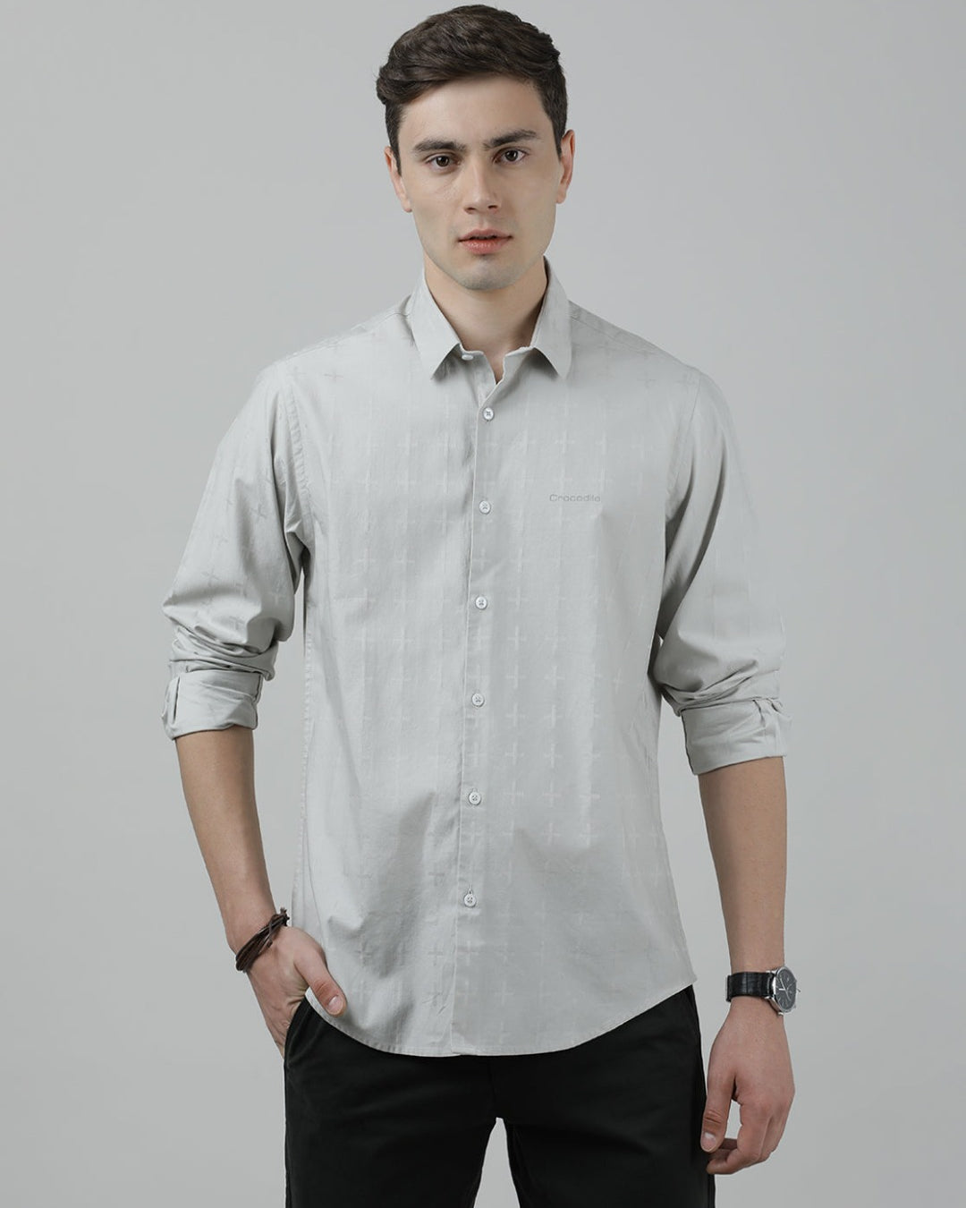Casual Grey Full Sleeve Comfort Fit Solid Shirt with Collar for Men
