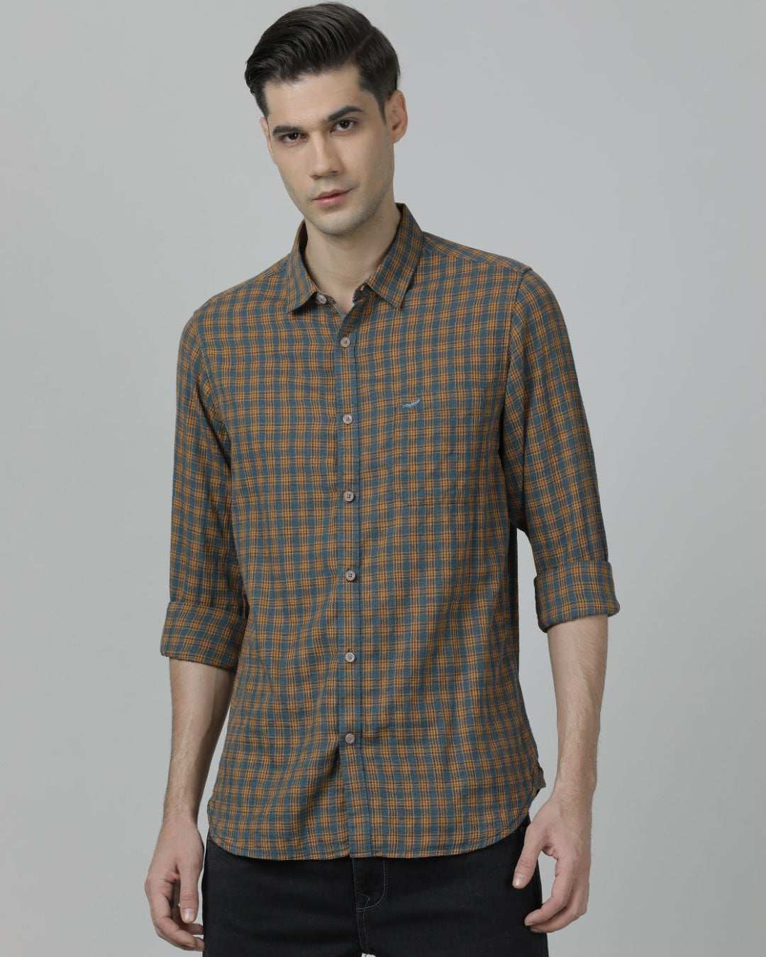 Casual Checks Comfort Fit Full Sleeve Brown / Teal Shirt with Collar