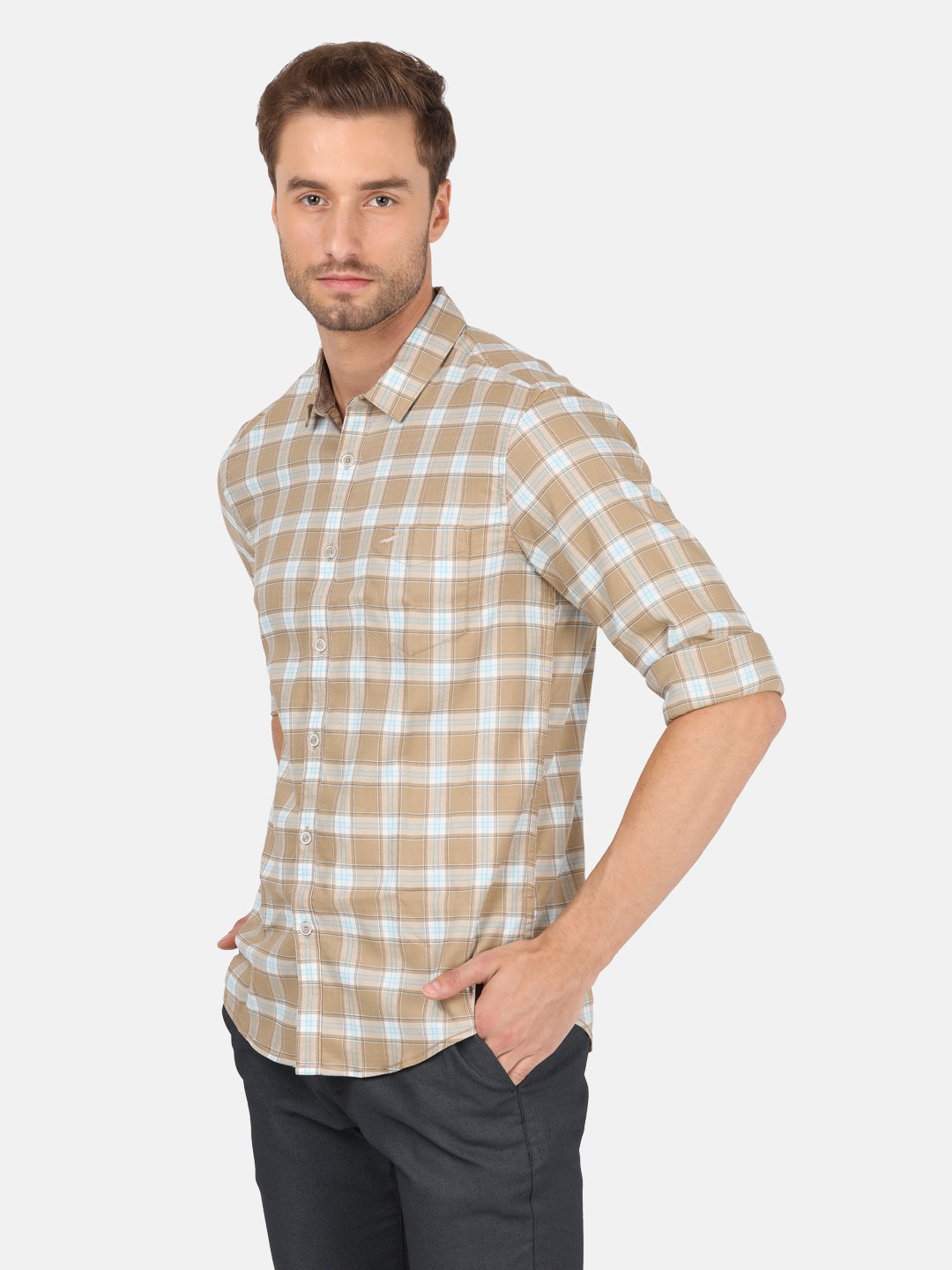 Crocodile Casual Full Sleeve Slim Fit Checks Khaki Shirt for Men