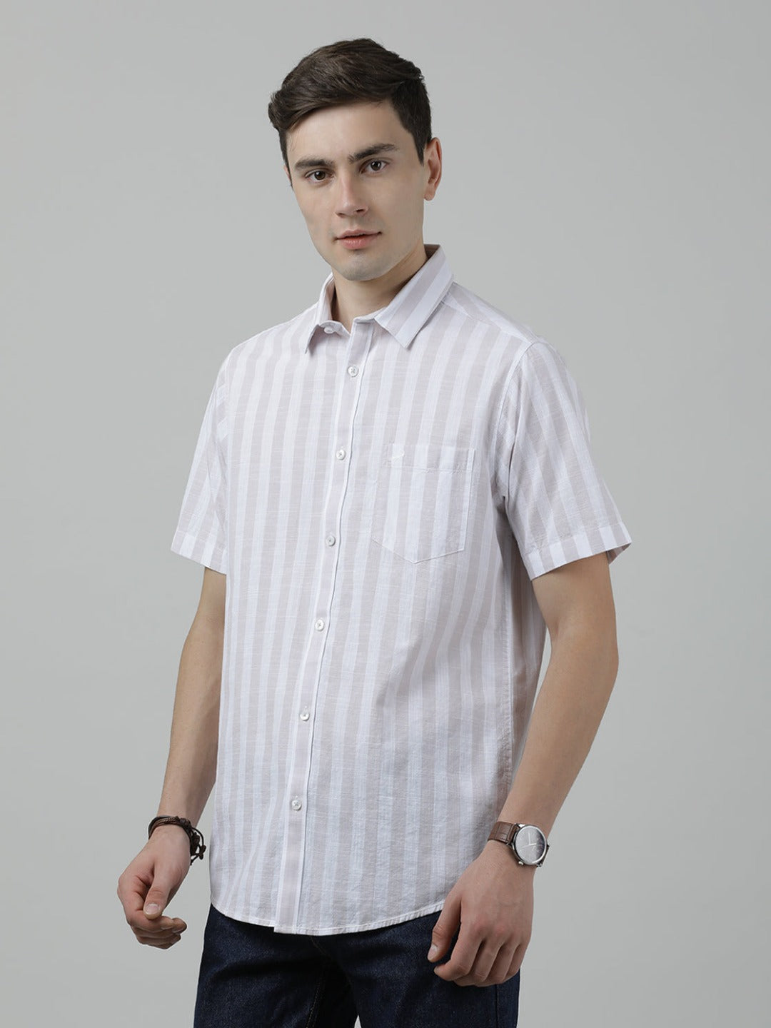 Crocodile Casual Half Sleeve Comfort Fit Stripe Shirt Purple for Men