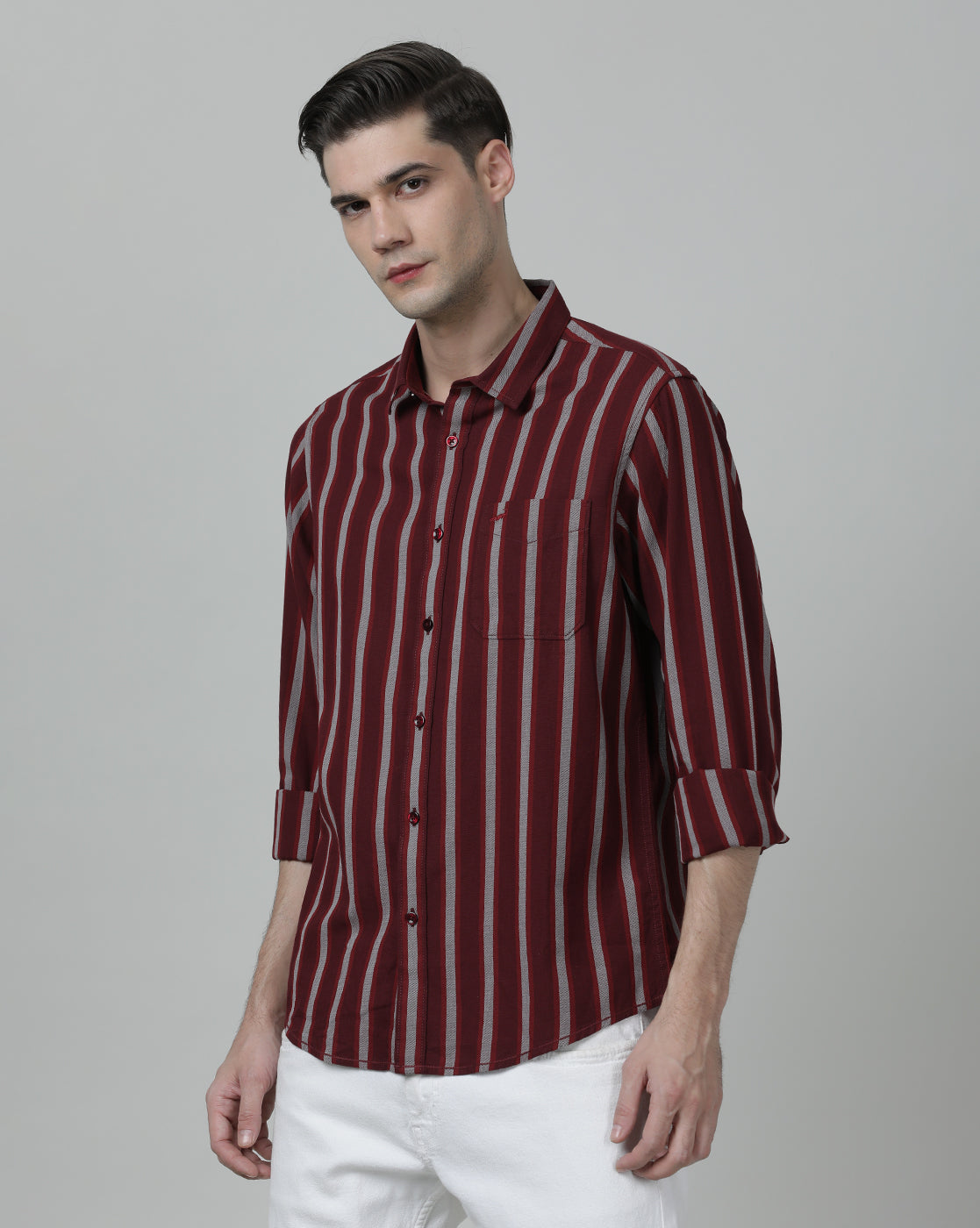 Casual Stripe Comfort Fit Full Sleeve Maroon Shirt with Collar