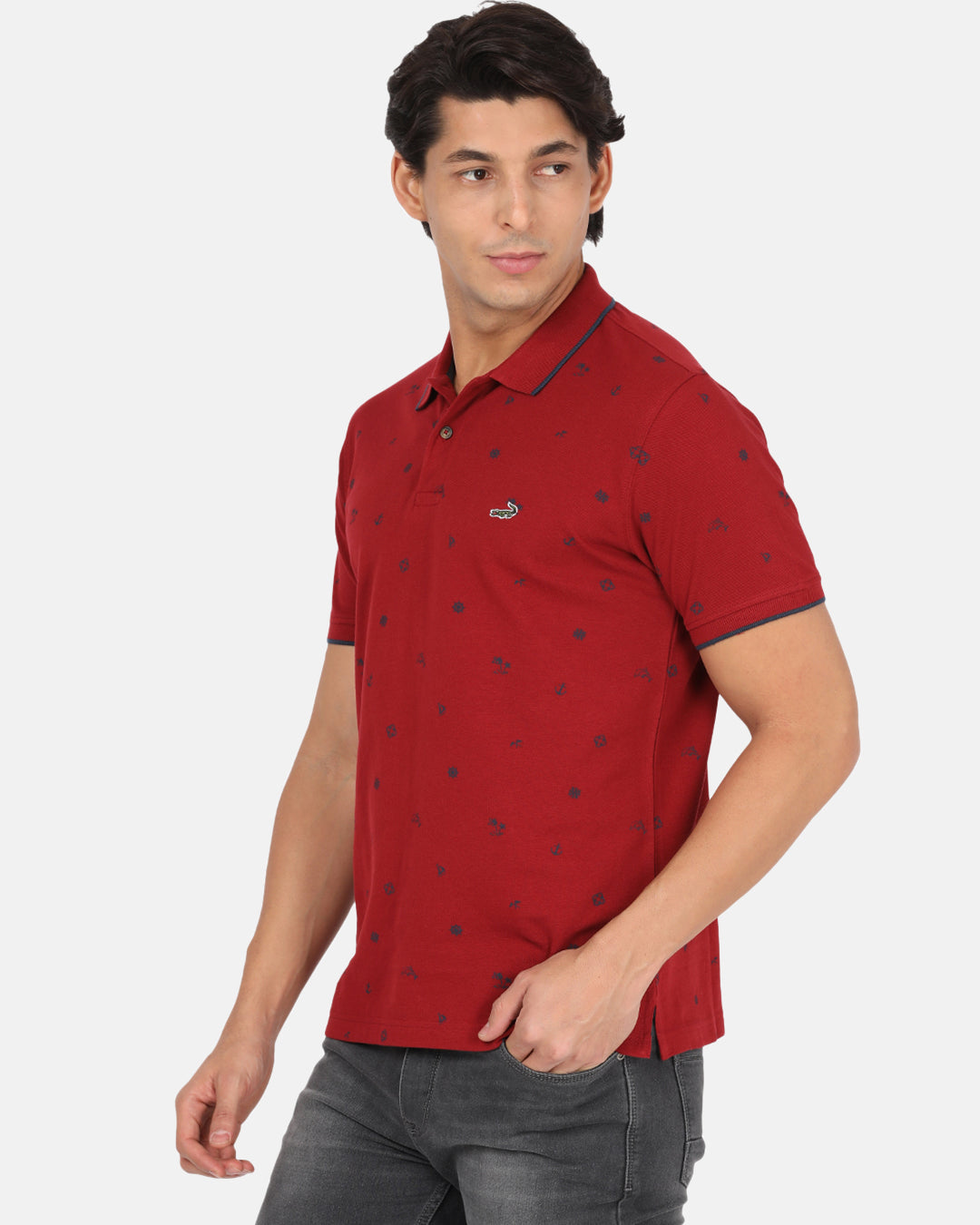 Crocodile Men Red Printed Polo Collar Slim Fit T-shirt