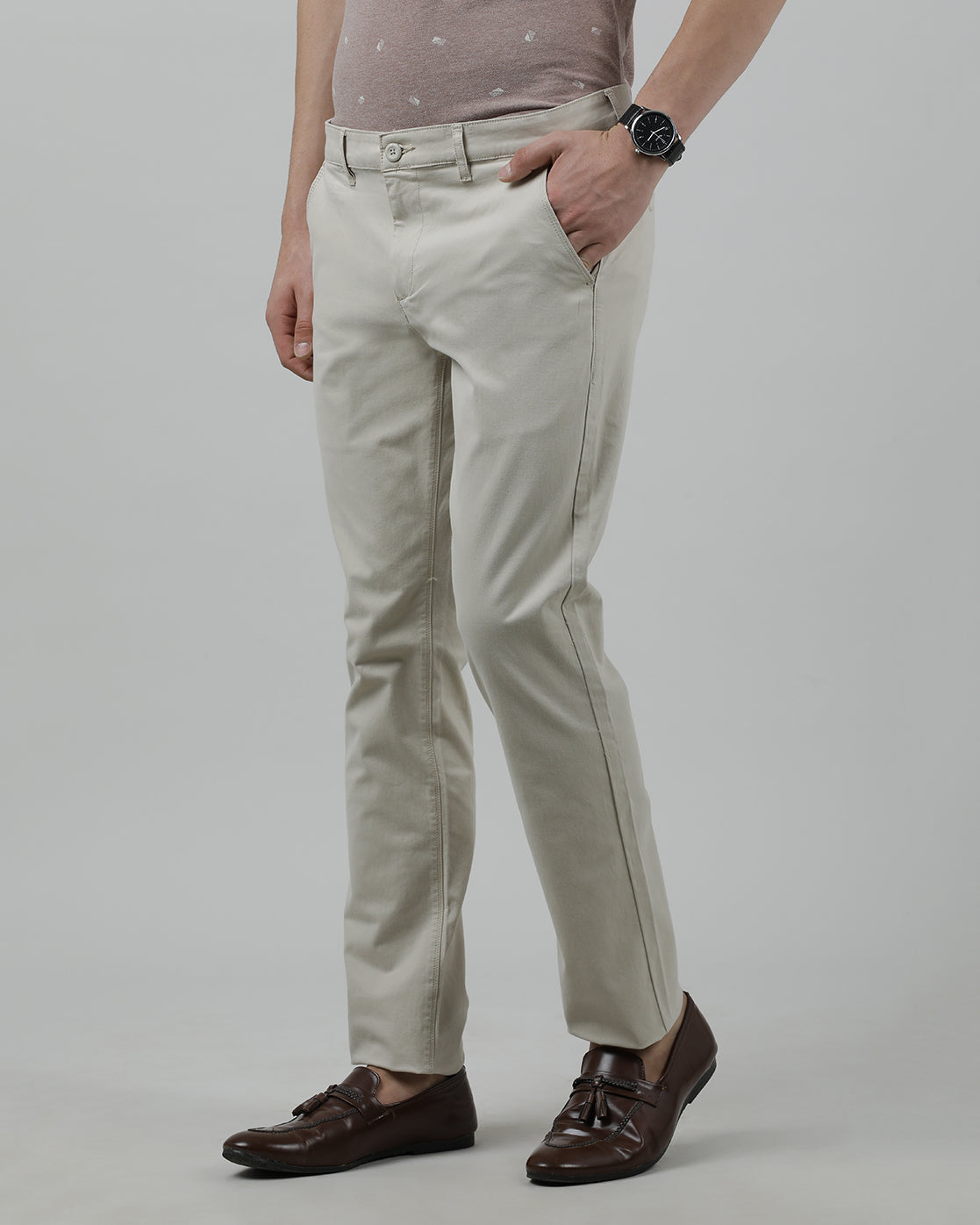 Crocodile Casual Slim Fit Solid Beige Trousers for Men