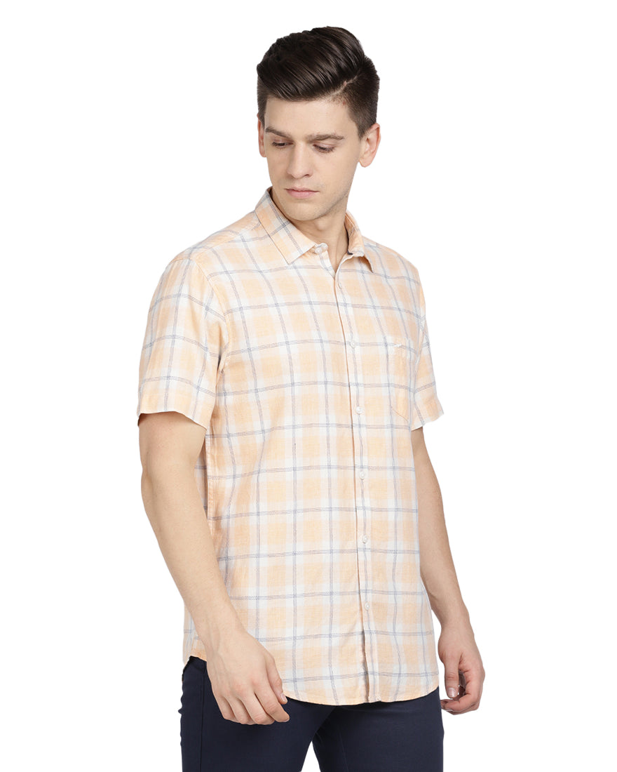Crocodile Casual Half Sleeve Comfort Fit Checks Shirt Orange for Men