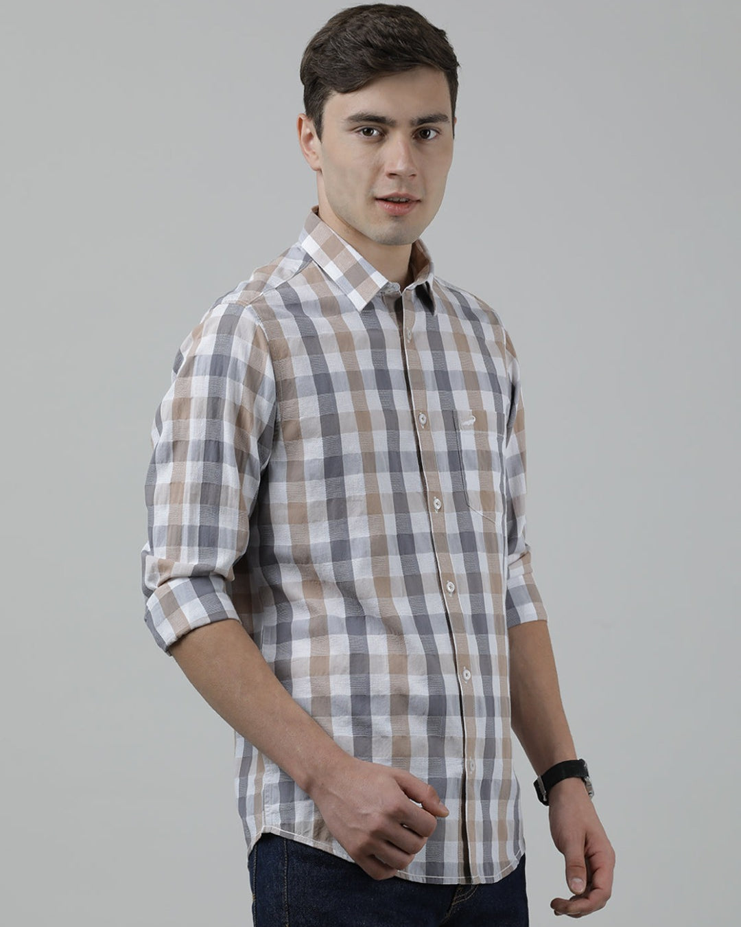 Casual Full Sleeve Comfort Fit Checks Shirt Brown for Men