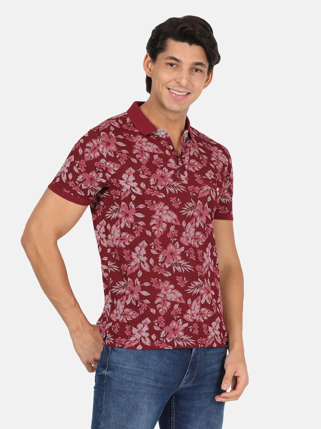 Crocodile Casual Slim Fit Printed Polo Neck Half Sleeve Wine Tshirt